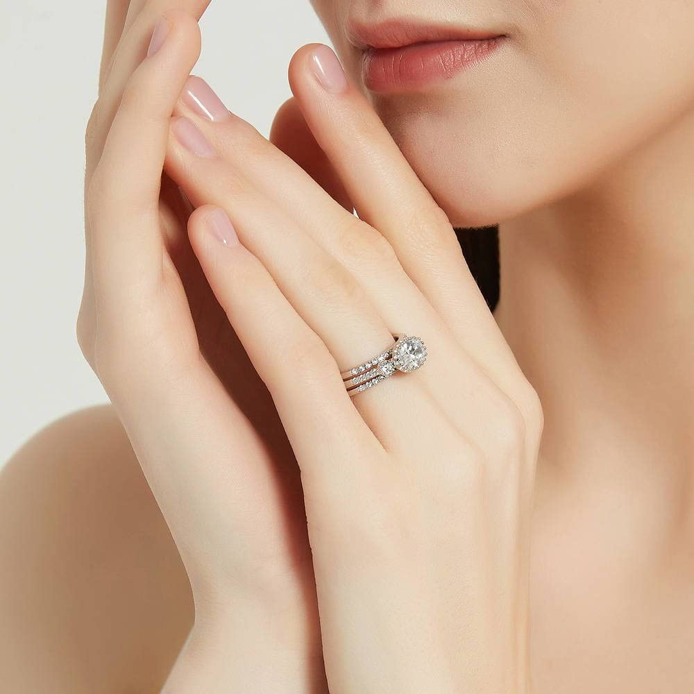 BERRICLE Sterling Silver 3-Stone Oval Cut Cubic Zirconia Engagement Ring Set for Women - 1.2 Carat CZ Wedding Band, Rhodium Plated Size 4-10 - Perfect for Proposals, Anniversaries & Bridal Jewelry Gifts