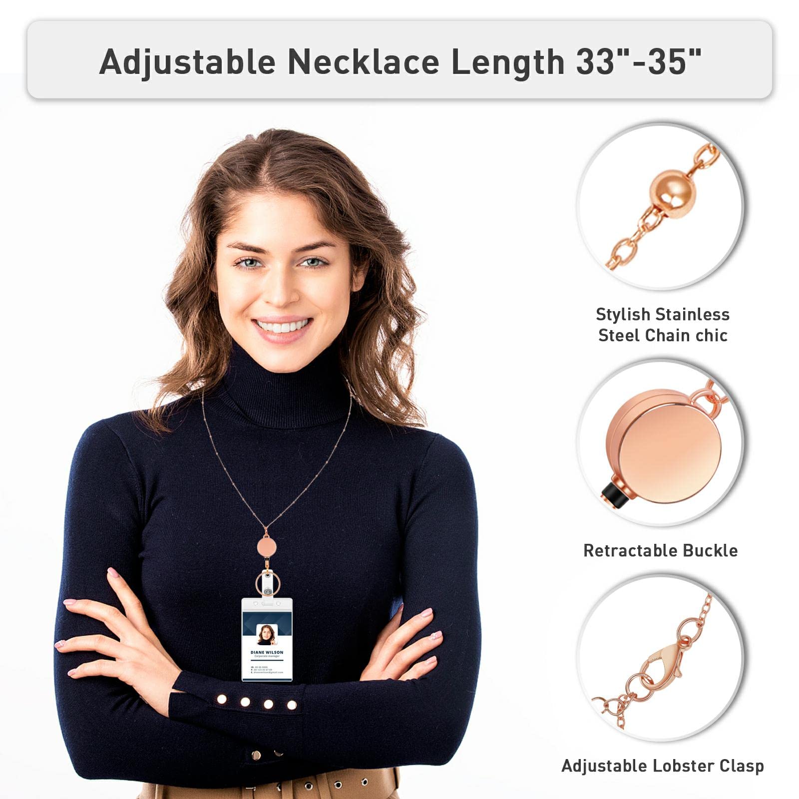 Retractable Badge Lanyard with ID Holder - 3 Pack Beaded Necklace for Work & Events (Rose Gold, Silver, Gold)
