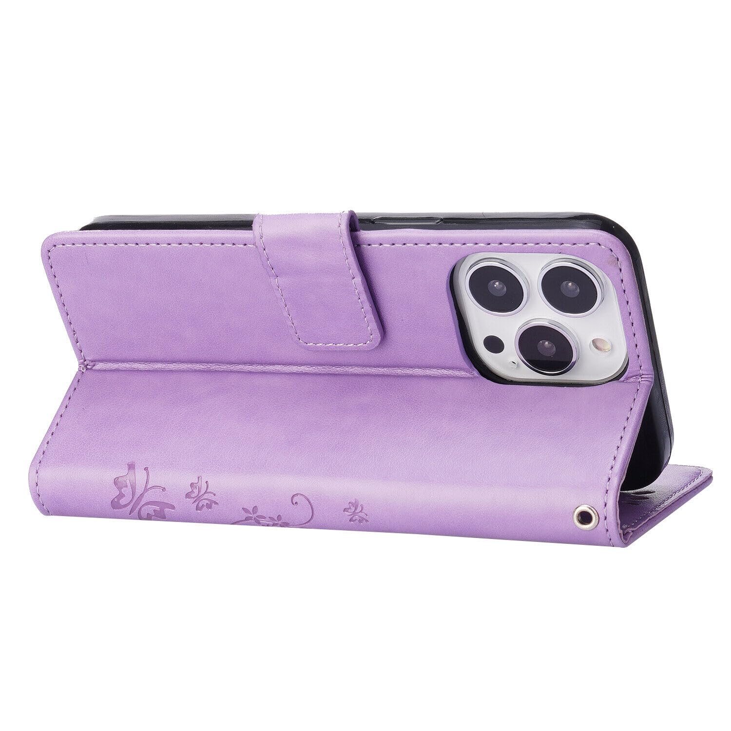 Premium PU Leather Flip Case for iPhone 15 Pro - Shockproof Butterfly Embossed Wallet Case with Kickstand, Card Holder, Lanyard & One-Touch Pen (Light Purple) - Perfect for Work, Travel & Everyday Protection