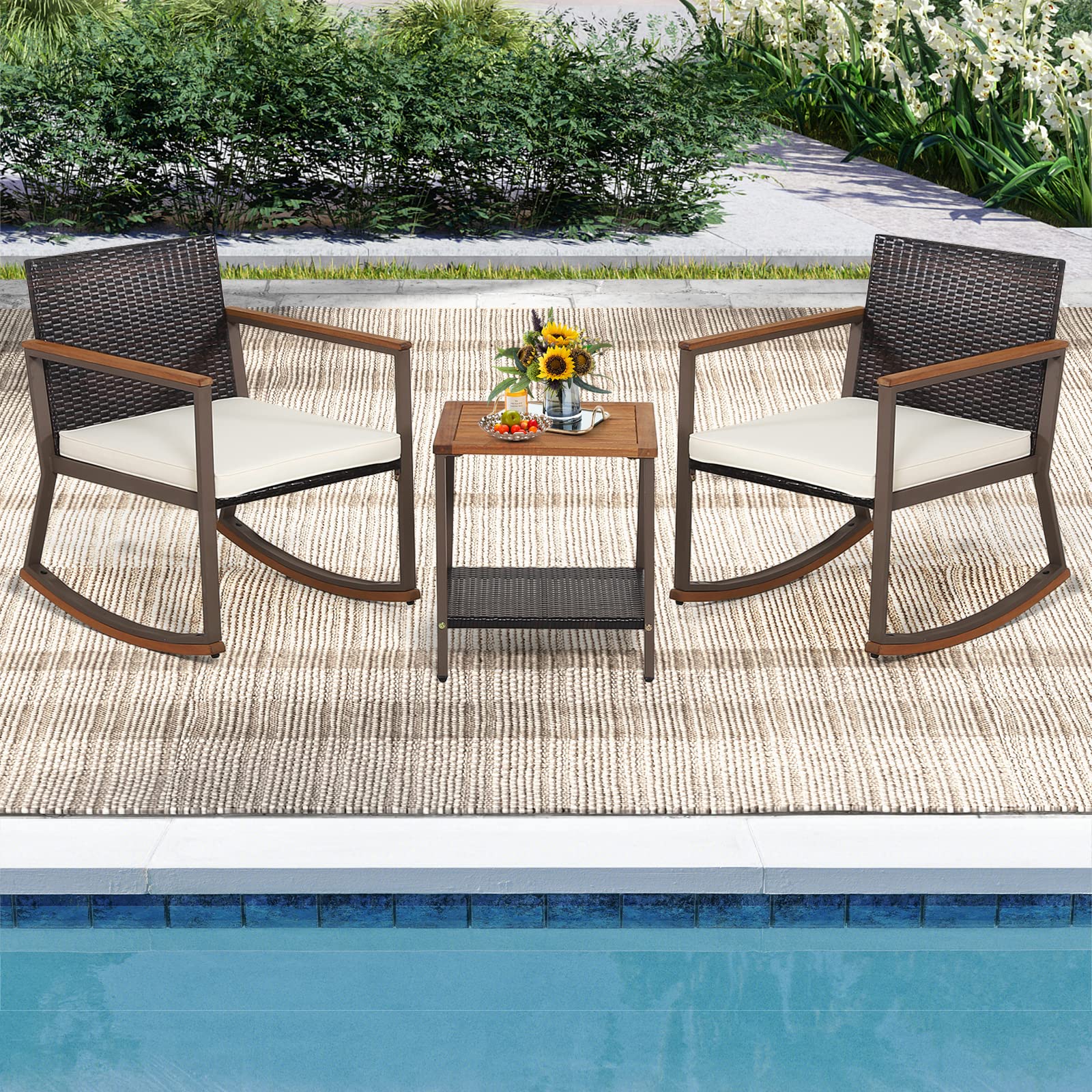 Tangkula 3-Piece Outdoor Rocking Bistro Set with Coffee Table & Cushions - Patio Rattan Furniture for Balcony, Porch, Poolside - Perfect for Relaxing, Entertaining & Outdoor Dining (Off White)
