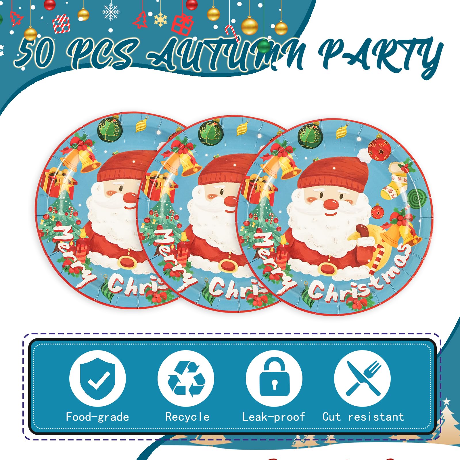 50PCS Blue Christmas Paper Plates 7Inch - Disposable Party Supplies for Holiday Birthday Wedding