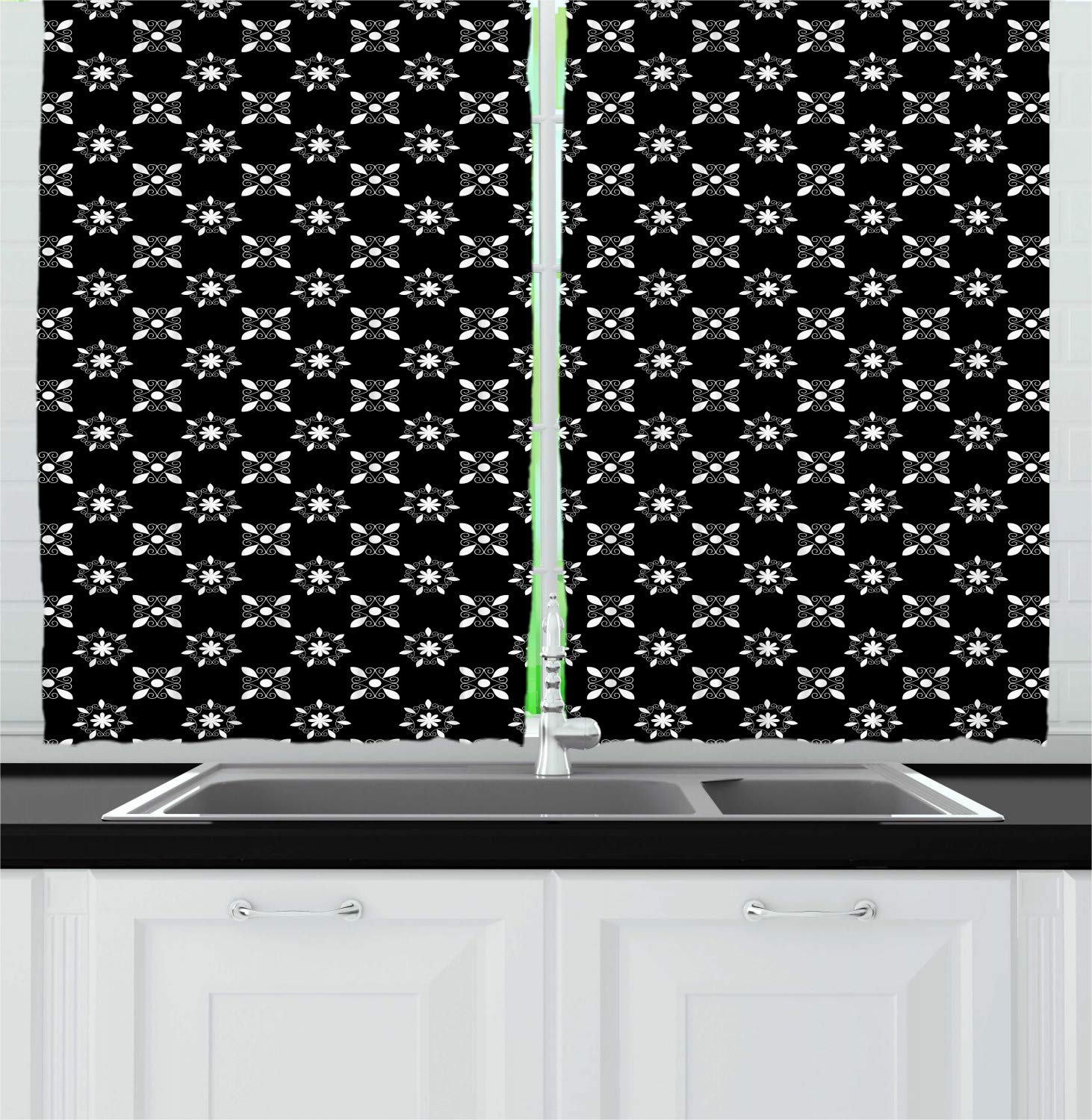 Ambesonne Abstract Kitchen Curtains Set of 2 Panels - Modern Monochrome Floral Swirl Design for Windows, 55