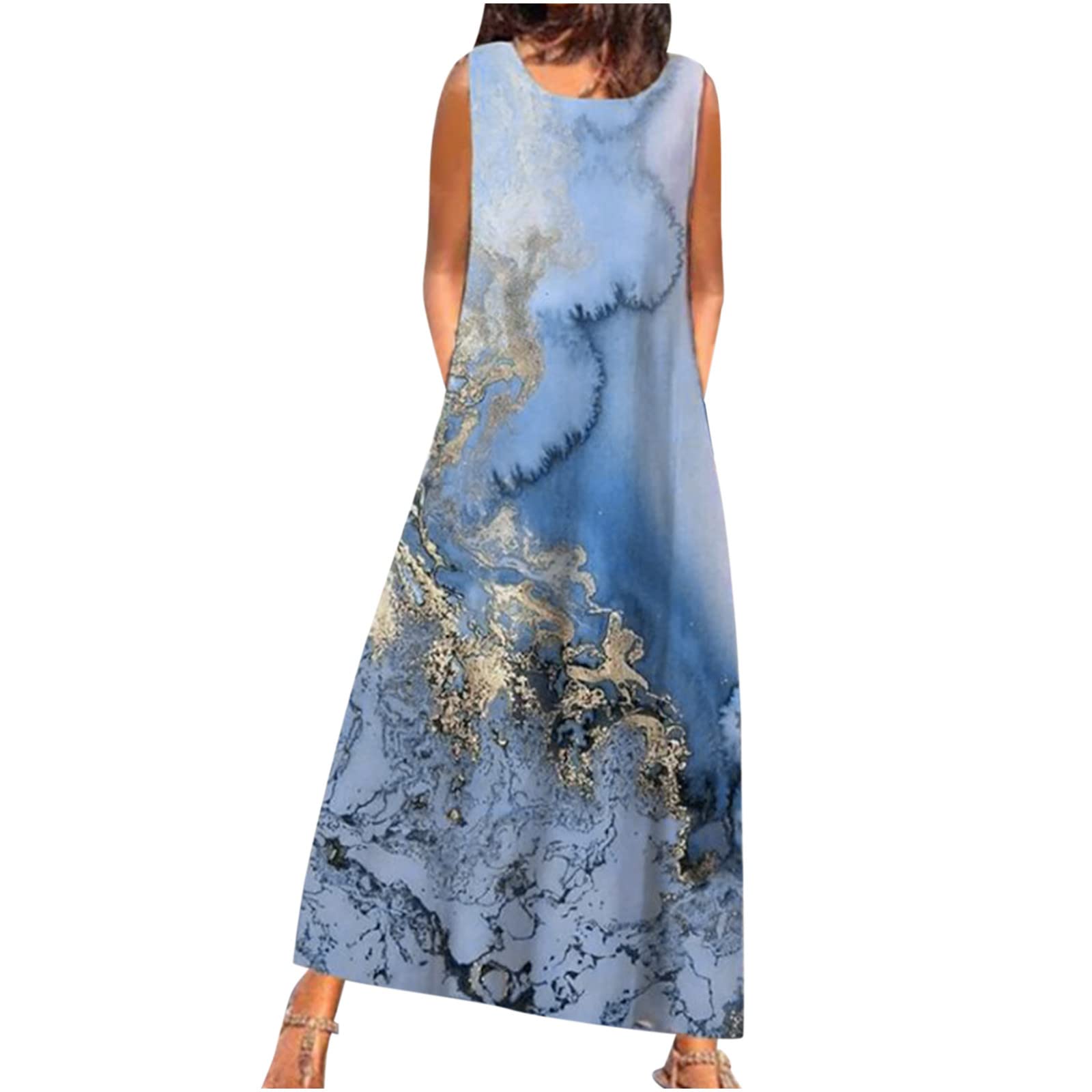 Vifucz Women's Summer Beach Dress - Flowy Sleeveless Long Dress with Pockets, Round Neck Printed Maxi Dress for Vacation, Poolside, and Casual Outings