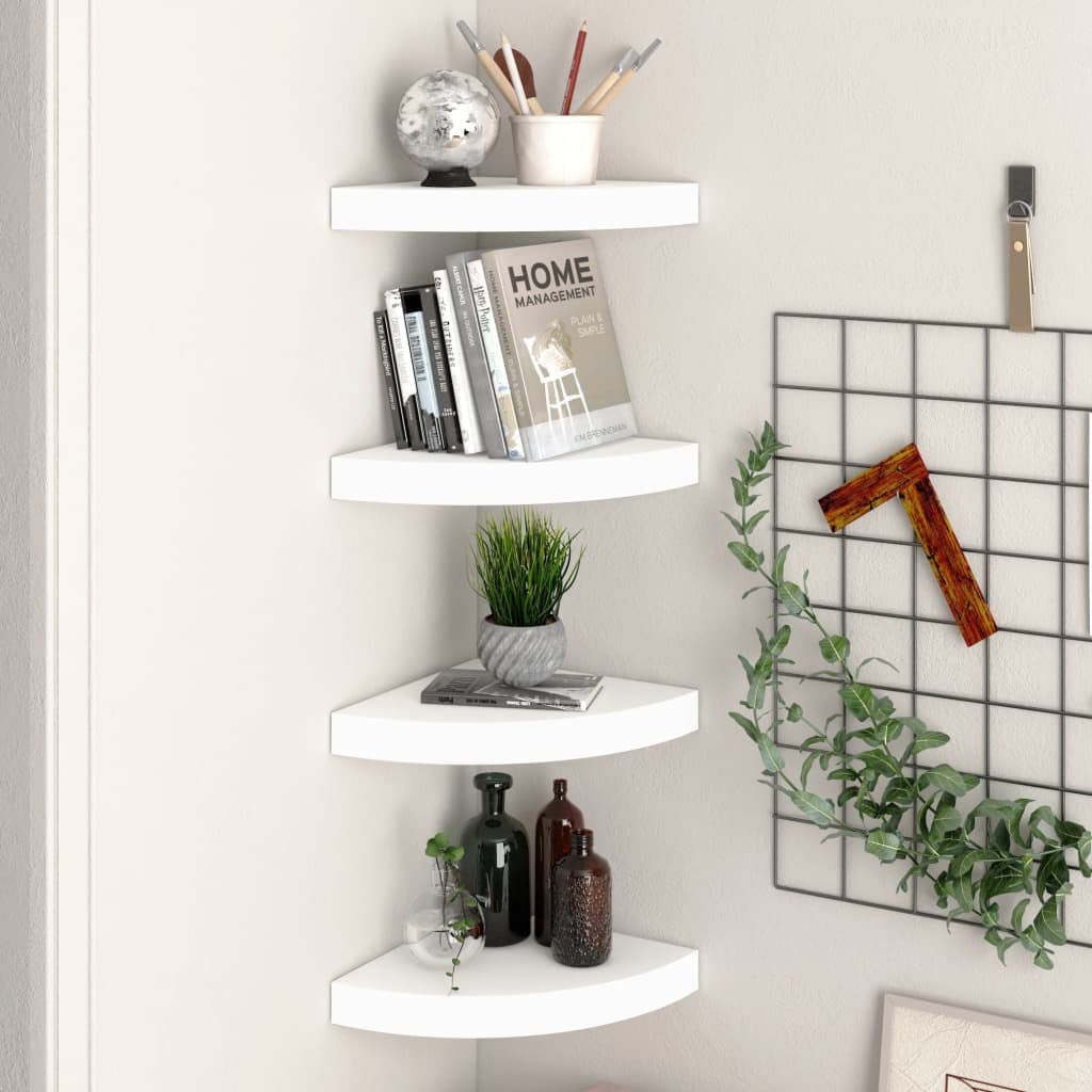 Corner Shelf Set of 4 - White Floating Wall Shelves 9.8x9.8x1.5 Inches - Easy to Assemble MDF Corner Shelves for Bedroom, Living Room, Bathroom - Perfect for Displaying Decor, Books, Plants & Small Items