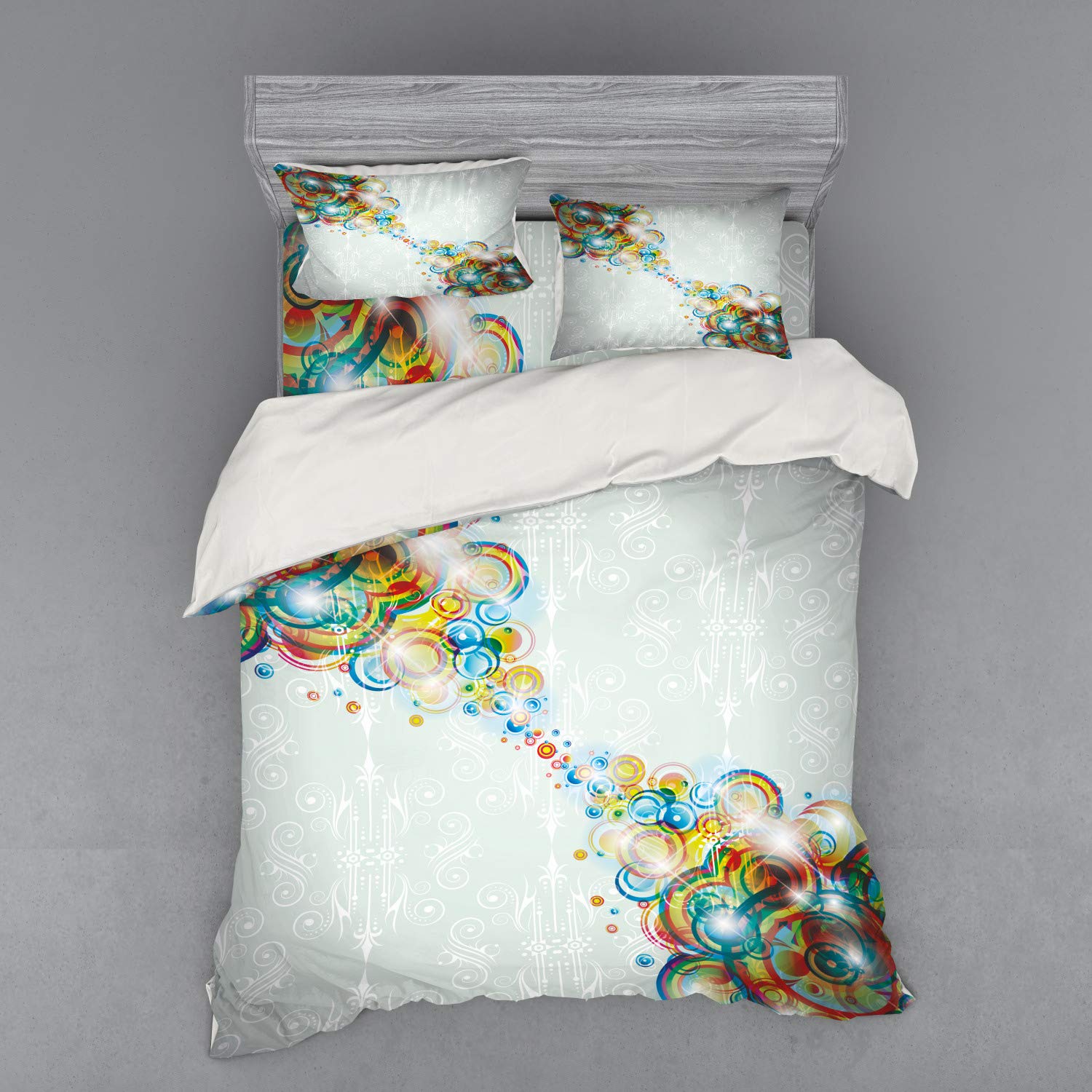 Ambesonne Abstract Duvet Cover Set - Modern Rainbow Wave & Circle Design Disco Art Bedding | 4-Piece Queen Size Set with Shams & Fitted Sheet | Vibrant Multicolor for Contemporary Bedroom Decor
