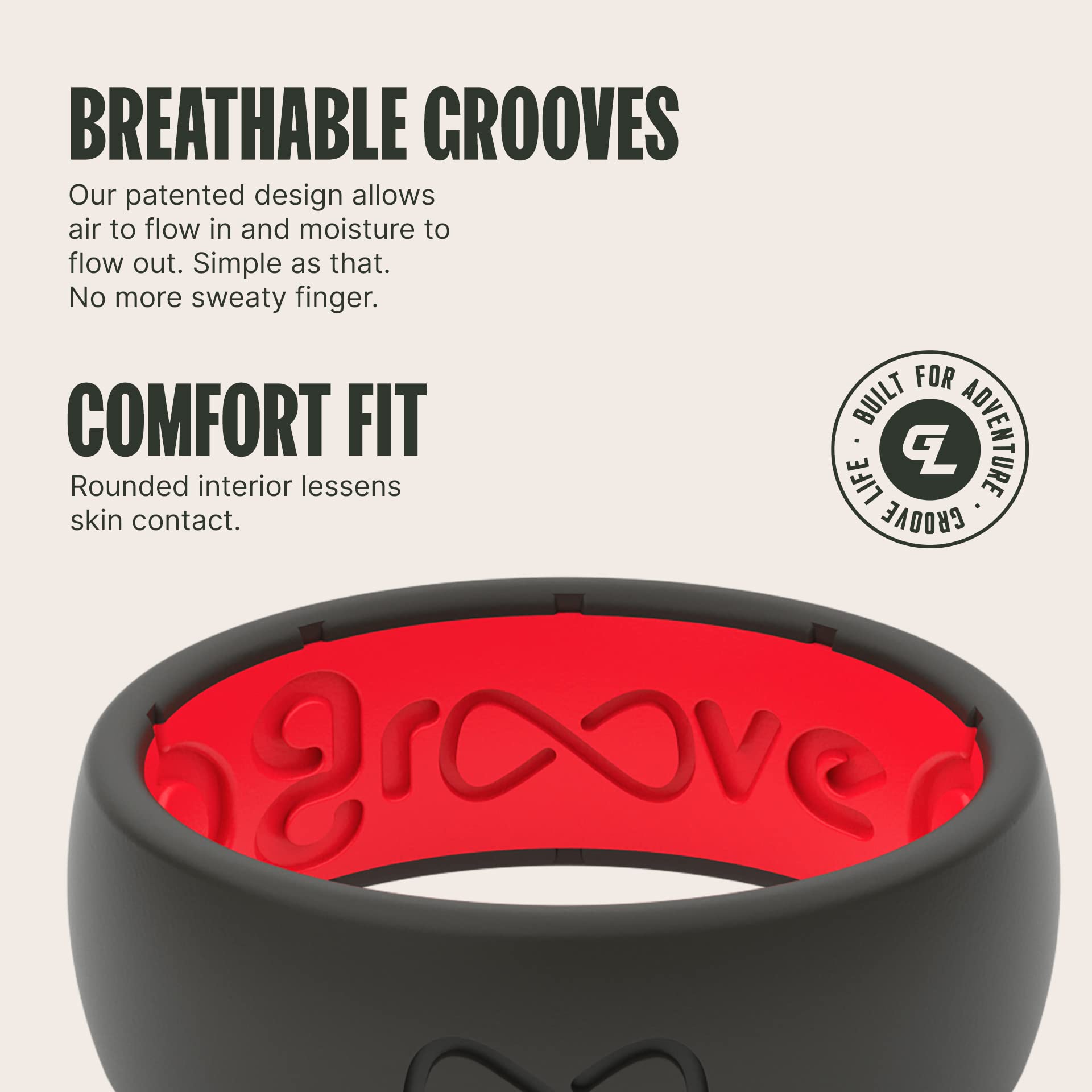 Groove Life Solid Silicone Ring for Men - Breathable Comfort Fit Wedding Band with Unique Design, Durable Rubber Ring for Active Lifestyle - Perfect for Gym, Swimming, Work & Outdoor Activities