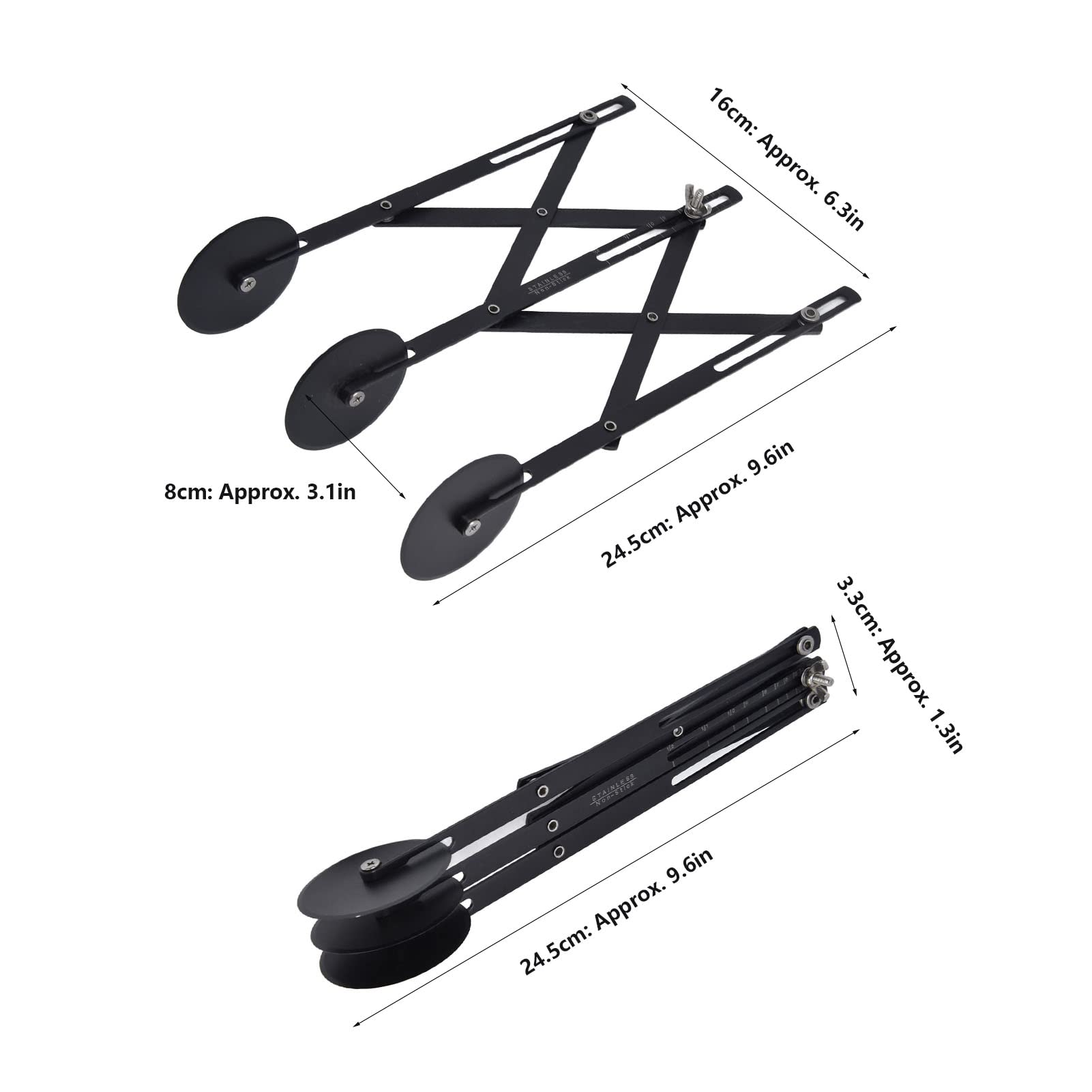 3-Wheel Stainless Steel Pizza & Pastry Cutter - Adjustable Dough Roller for Precise Cutting | Non-Stick Black Design | Perfect for Baking Pies, Pasta & Homemade Pizza Dough