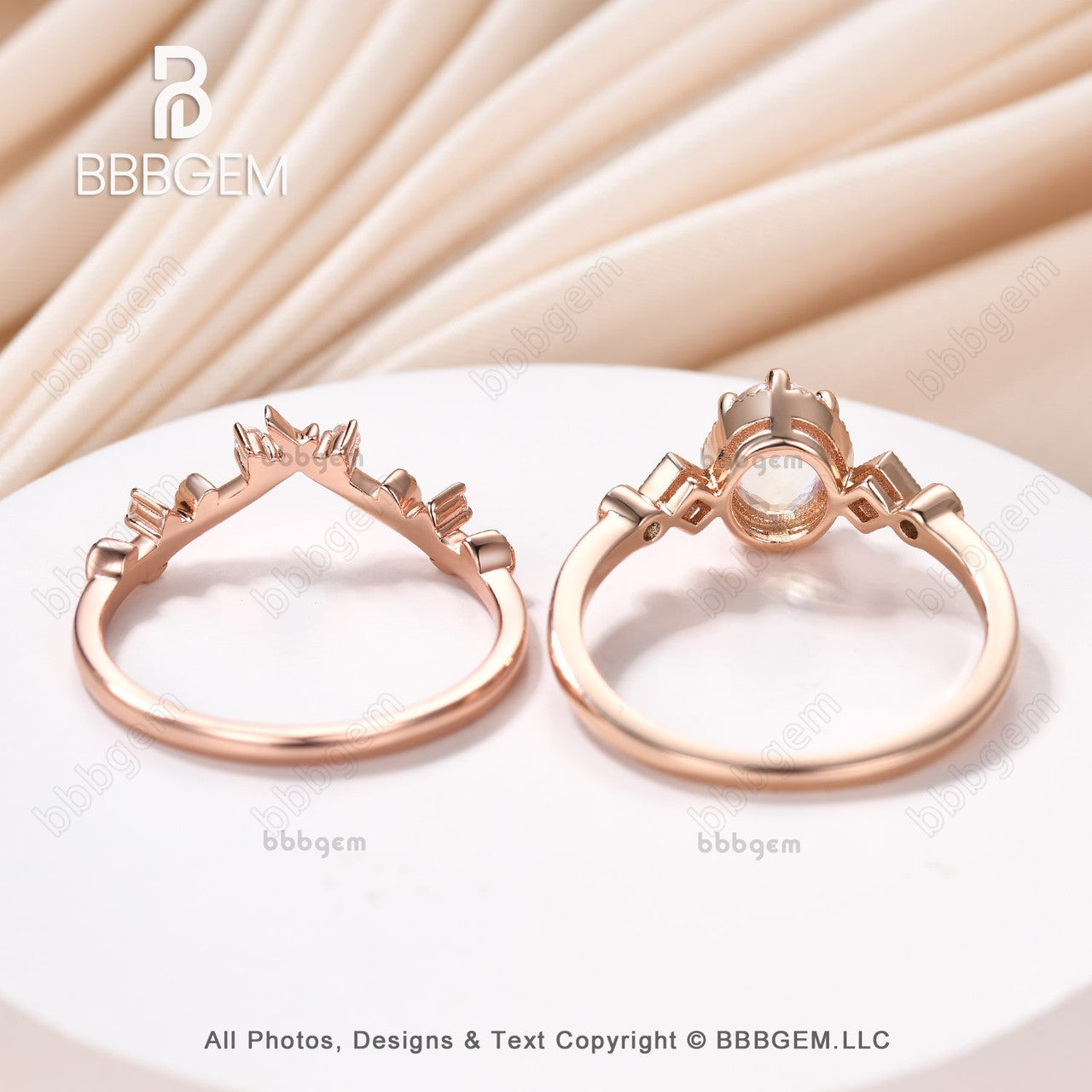 Vintage Art Deco 14K Rose Gold Moissanite & Moonstone Statement Ring Set - 5 Stone Oval Bridal Ring for Women - Perfect for Weddings, Anniversaries & Special Occasions