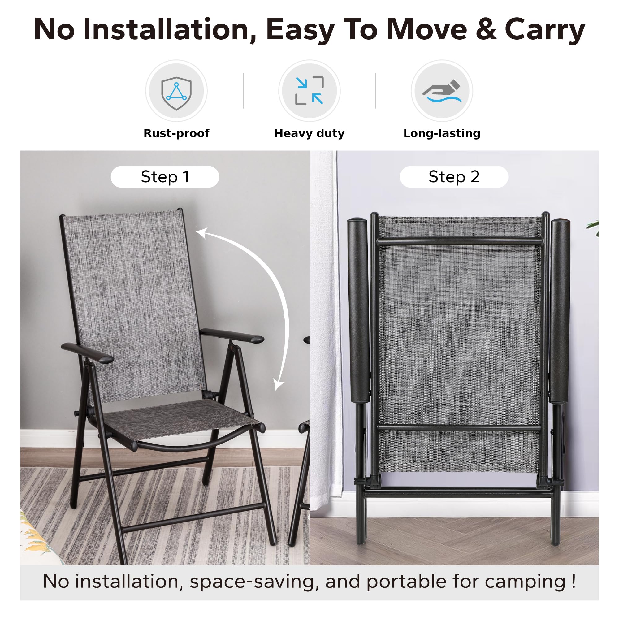 MFSTUDIO 2-Pack Patio Folding Dining Chairs - Adjustable Outdoor Sling Chairs for Garden, Lawn & Deck - Portable Grey Patio Furniture Set (7-Level Reclining) - Perfect for Backyard BBQs, Poolside Relaxation & Outdoor Dining