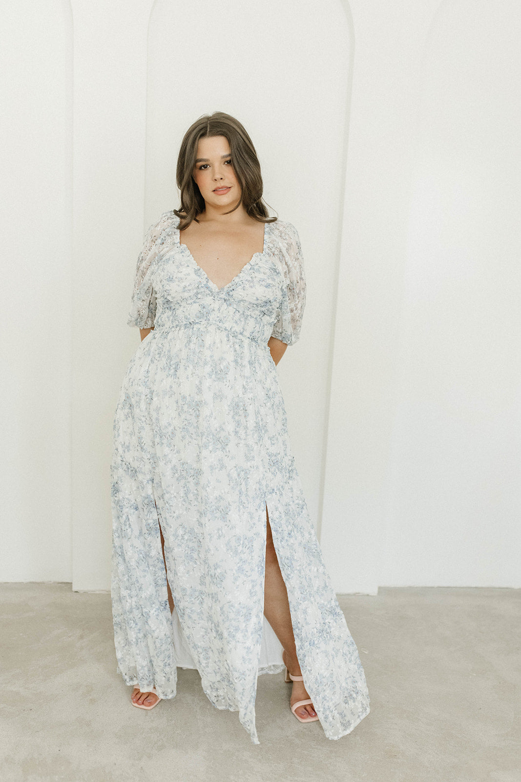 Blue and White Floral Daphne High Slit Eyelet Detail Maxi Dress - Plus Size & Inclusive Sizing - Perfect for Summer Weddings, Beach Vacations & Boho Fashion