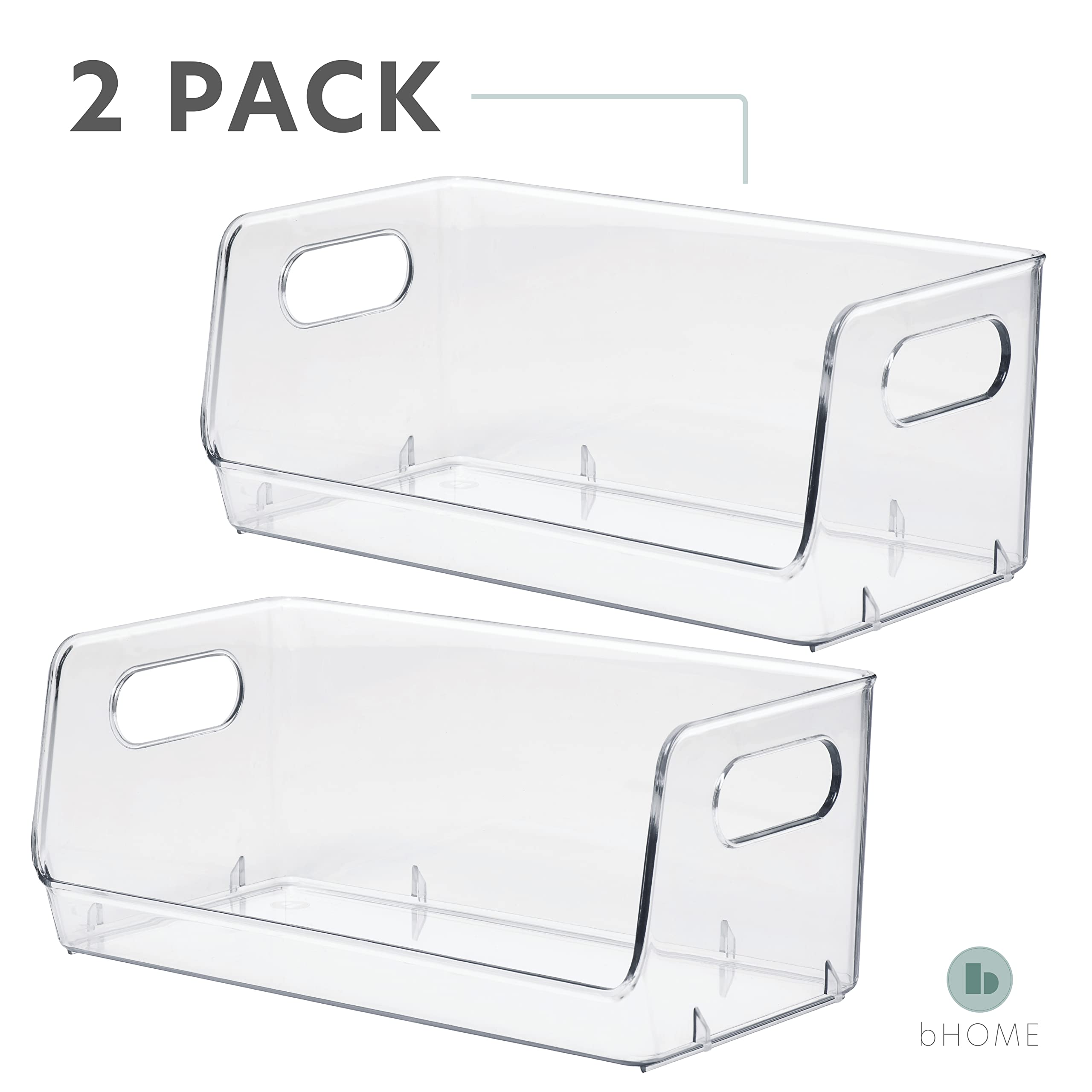bHome & Co. 2-Pack Stackable Storage Bins - Sturdy Plastic Organizer Bins with Open Front Design for Pantry, Kitchen & Cabinet Organization - Clear Acrylic Containers Perfect for Snacks, Fruits, Toys & Home Storage