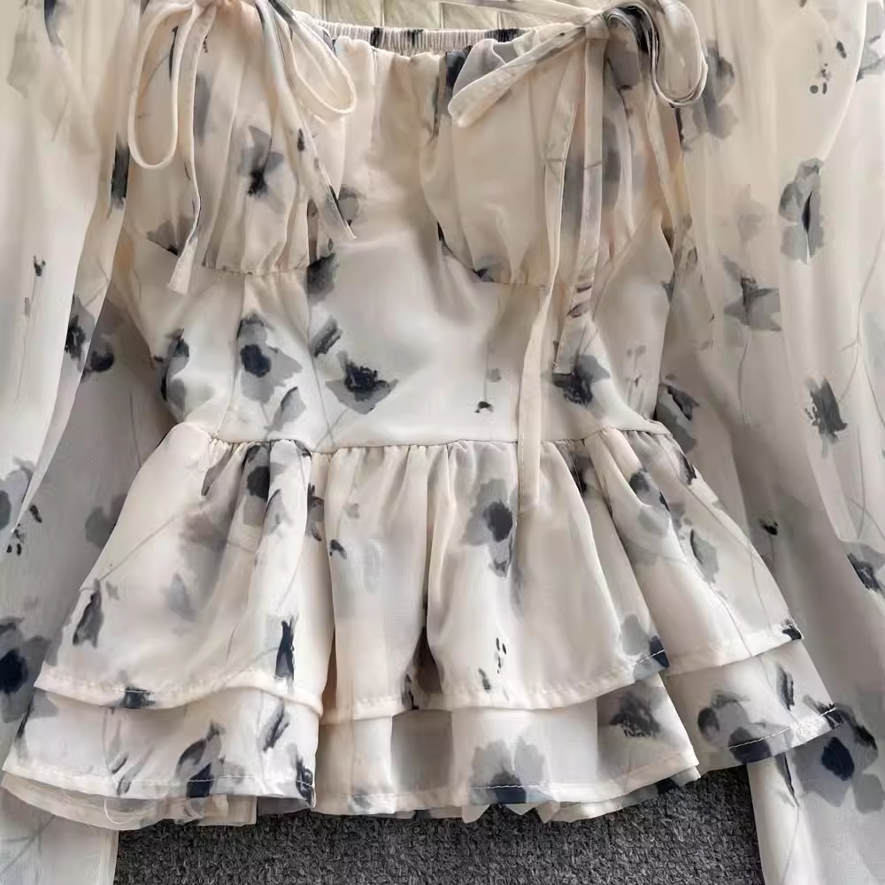 French Lantern Sleeve Chiffon Top - Summer Print Cropped Shirt for Women | Boho Chic Blouse for Beach Vacation & Casual Outings