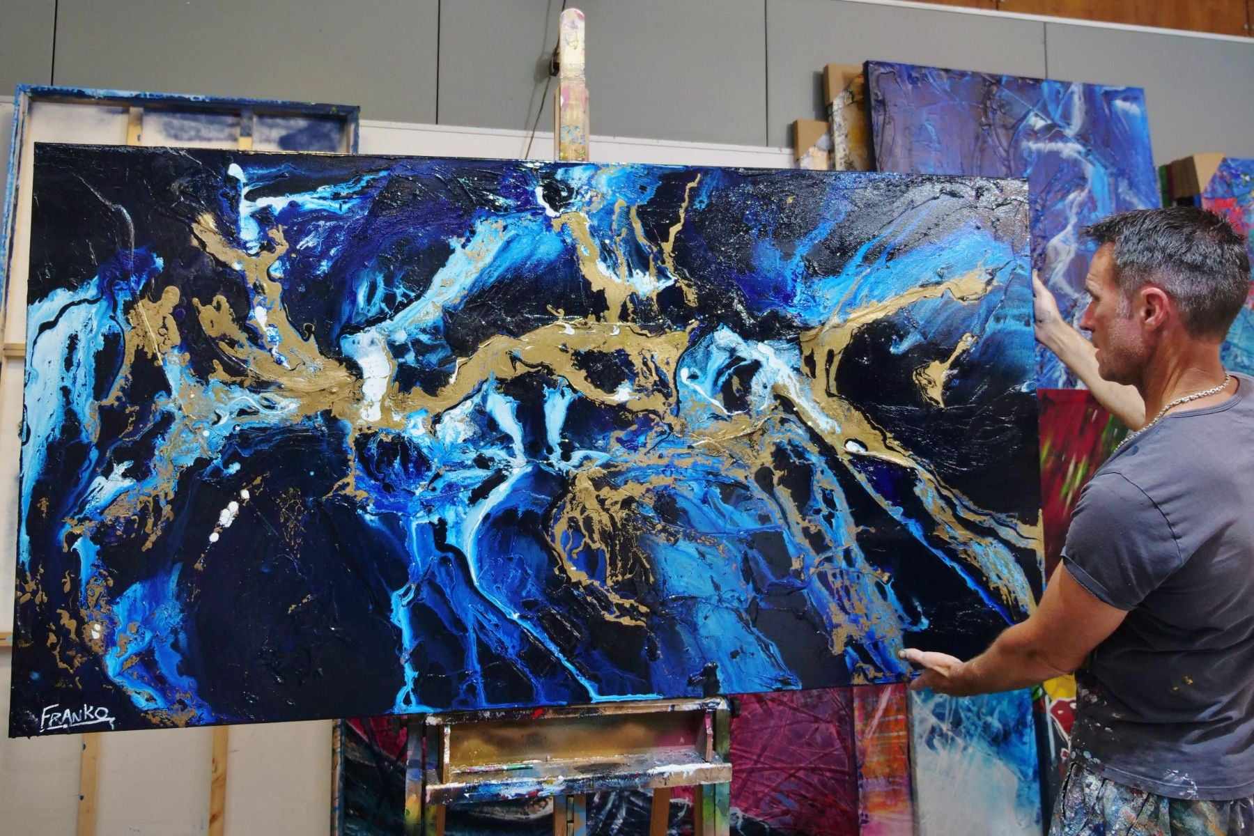 Midnight Gold Rush 190cm x 100cm Blue Gold Textured Abstract Canvas Art - Modern Wall Decor for Living Room, Bedroom & Office