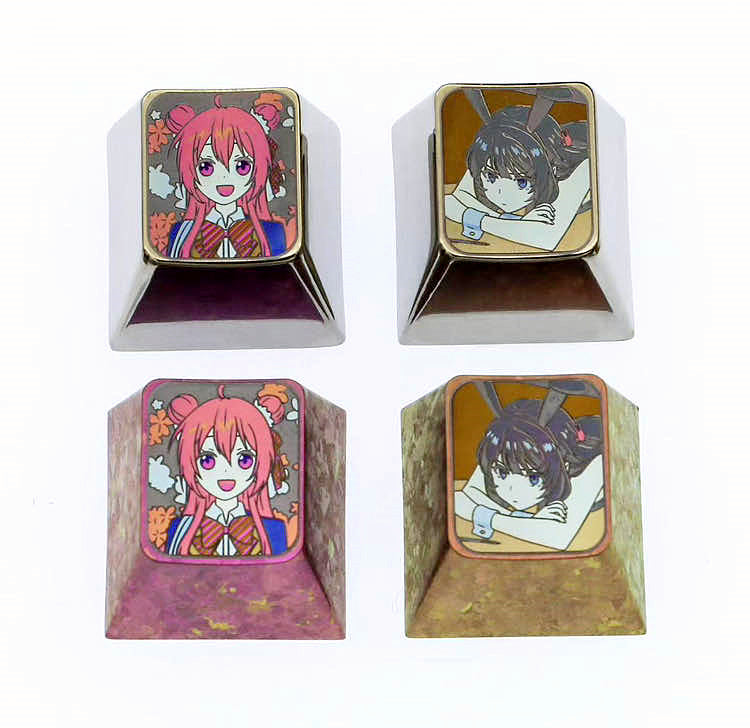 Custom 1U Titanium Alloy Keycaps - Hand-Carved Anime Art Design (Matsuzaka Satou & Akurajima Mai) - Durable Metal Decorative Keycaps for Mechanical Keyboards - Perfect for Gaming, Typing & Collectors