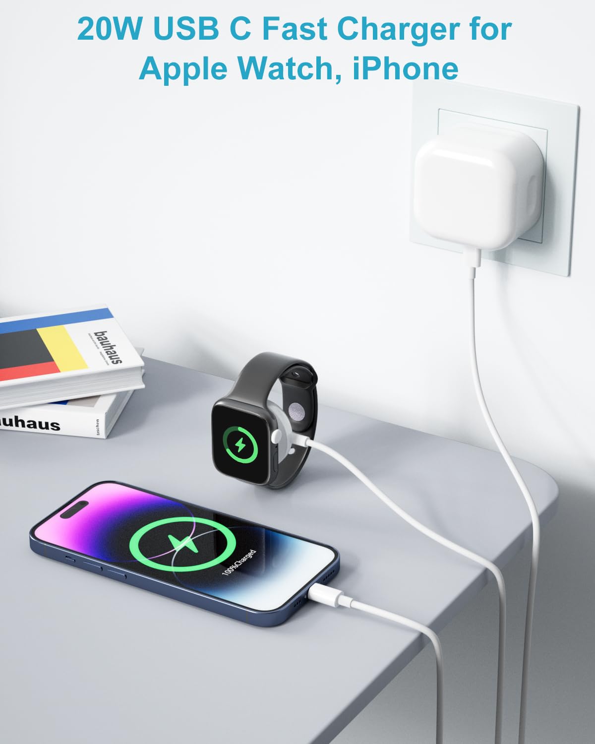 2 in 1 Apple Watch Charger Cable 2M with 20W USB C Fast Charger - Compatible with Apple Watch Series 9/8/7/6/5/4/3/SE/Ultra & iPhone 14/13/12/11 - Perfect for Travel, Office and Home Charging