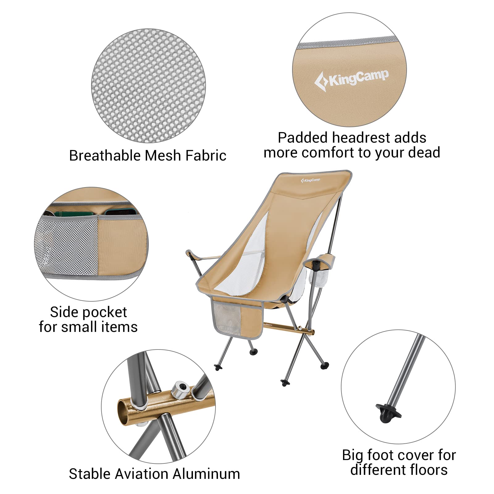 KingCamp Compact Ultralight High Back Camping Chair with Armrest - Portable Folding Chair for Adults, Heavy Duty Supports 265 lbs - Perfect for Backpacking, Travel, Hiking, Beach, Picnic, Festivals & Outdoor Adventures (Khaki)