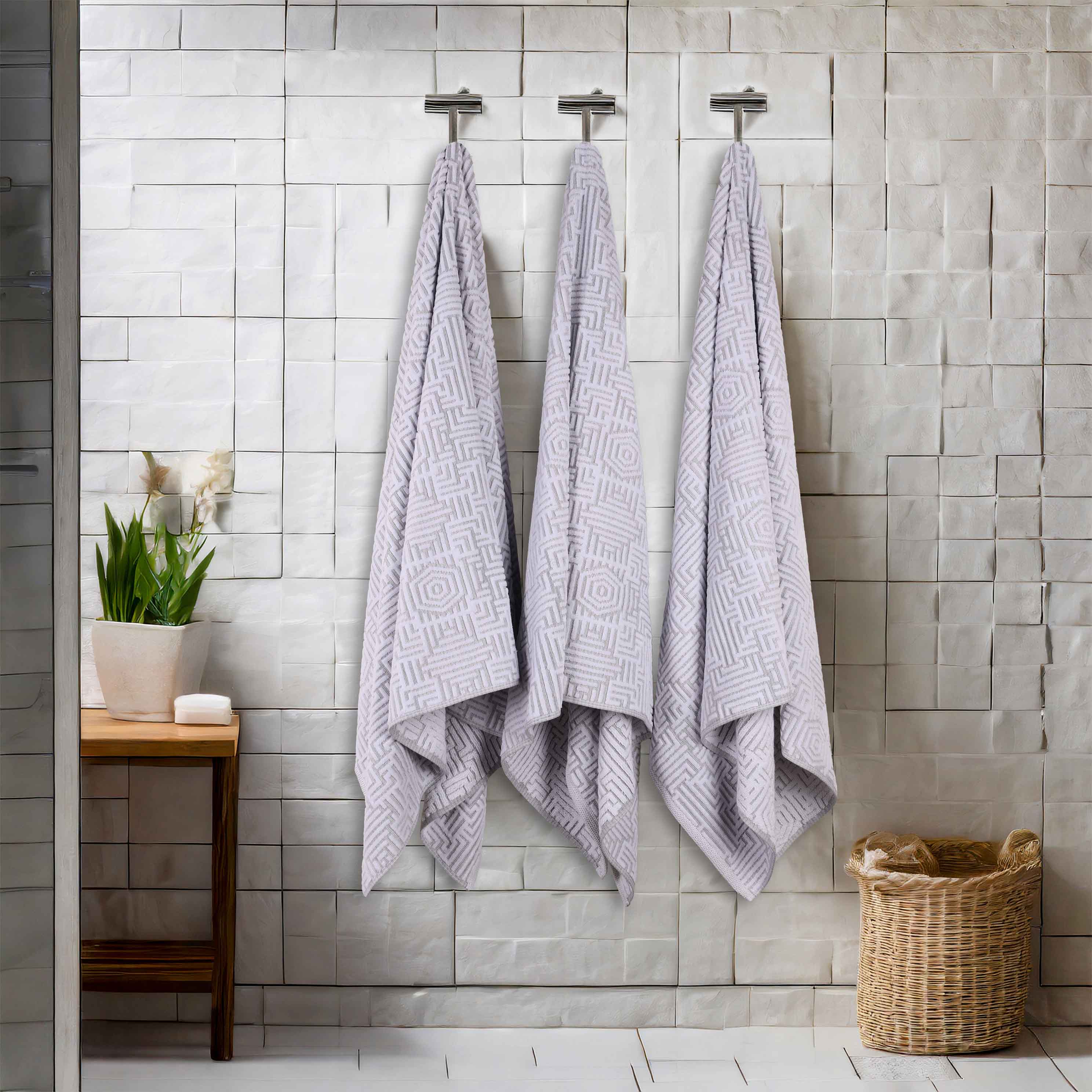 Premium Cotton Modern Geometric Jacquard Plush Bath Towel Set of 3 - Ultra Absorbent & Quick Dry - Luxury Spa, Bathroom & Beach Towels for Home & Travel