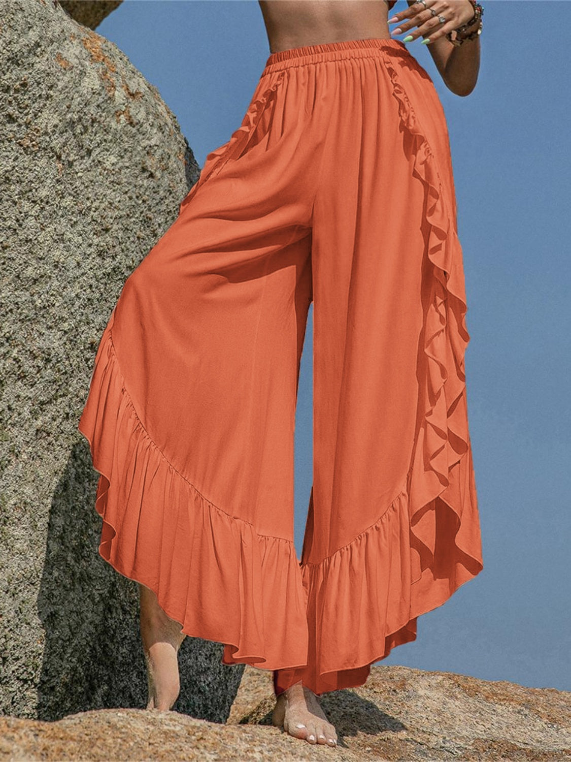 Stylish Ruffled Slit Wide Leg Pants for Women - Trendy High Waist Palazzo Trousers for Casual & Office Wear - Perfect for Summer Outfits, Vacations & Date Nights