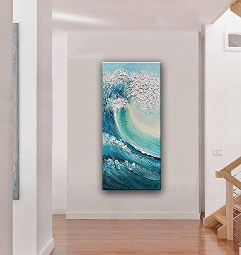 JELRINR Large Ocean Waves Canvas Wall Art - Hand Painted Seascape Acrylic Painting, Modern Abstract Texture for Living Room & Bedroom Decor (24x48 Inches) | Perfect Coastal Theme Home Decoration & Office Wall Decor