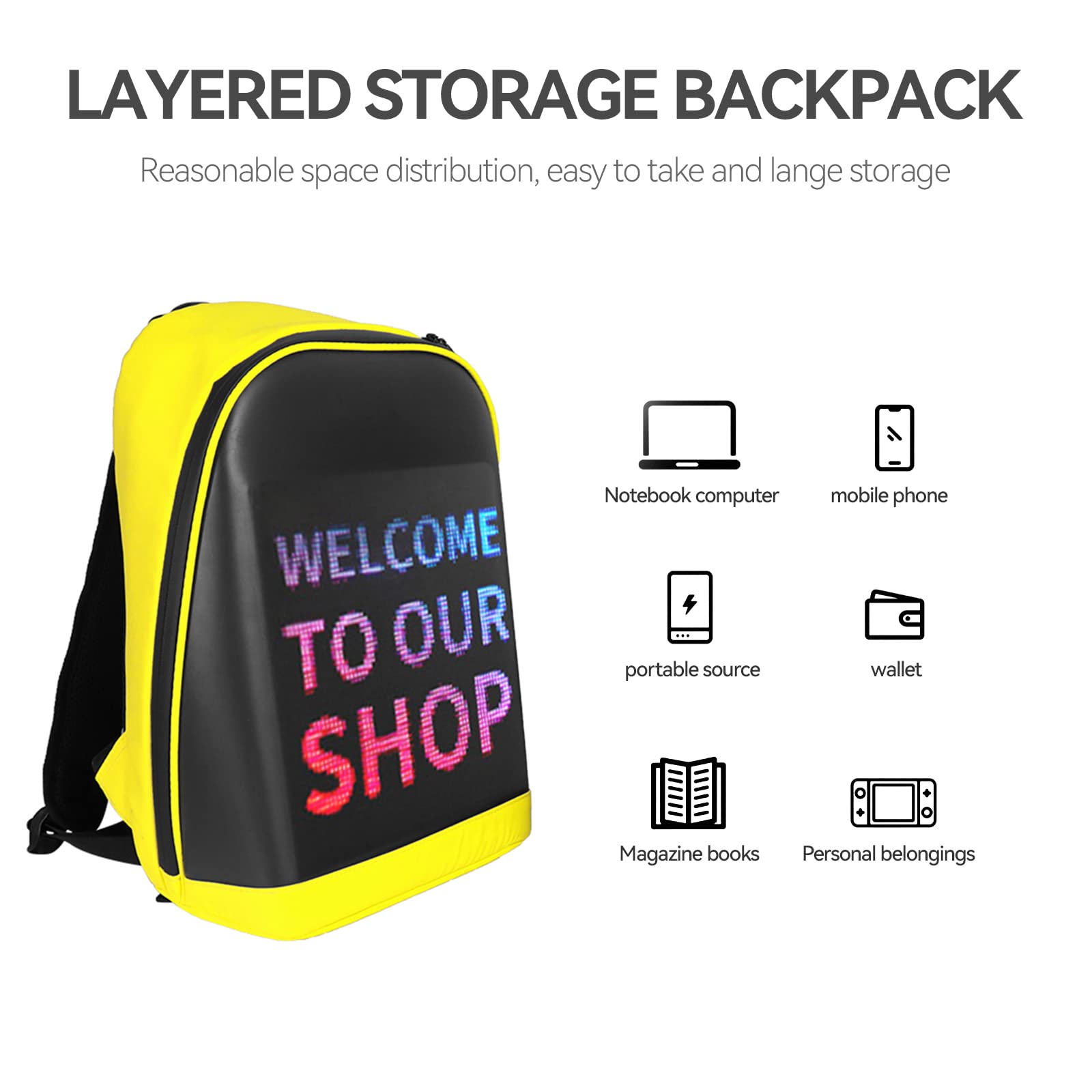 Smart LED Laptop Backpack for Men & Women - USB Charging Waterproof Travel Backpack with Reflective Strip - Perfect for Cycling, Commuting, Work & School (Yellow)