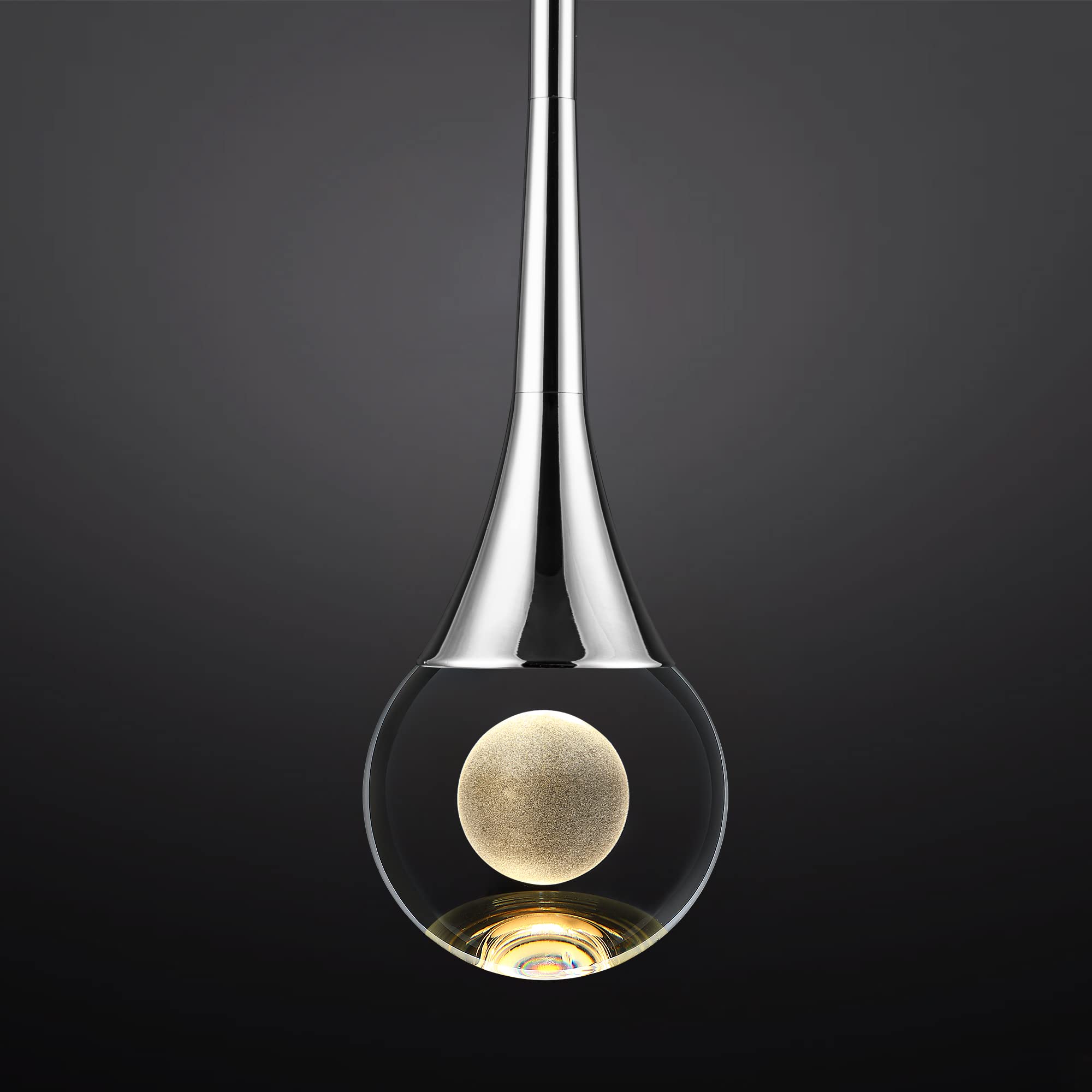 Untrammelife Silver Polished Nickel 1-Light Teardrop Crystal Pendant Light - Modern Mini Globe LED Hanging Fixture, 8W Dimmable for Kitchen Island, Bathroom Vanity & Bedroom Ceiling - Elegant Dining Room & Entryway Lighting