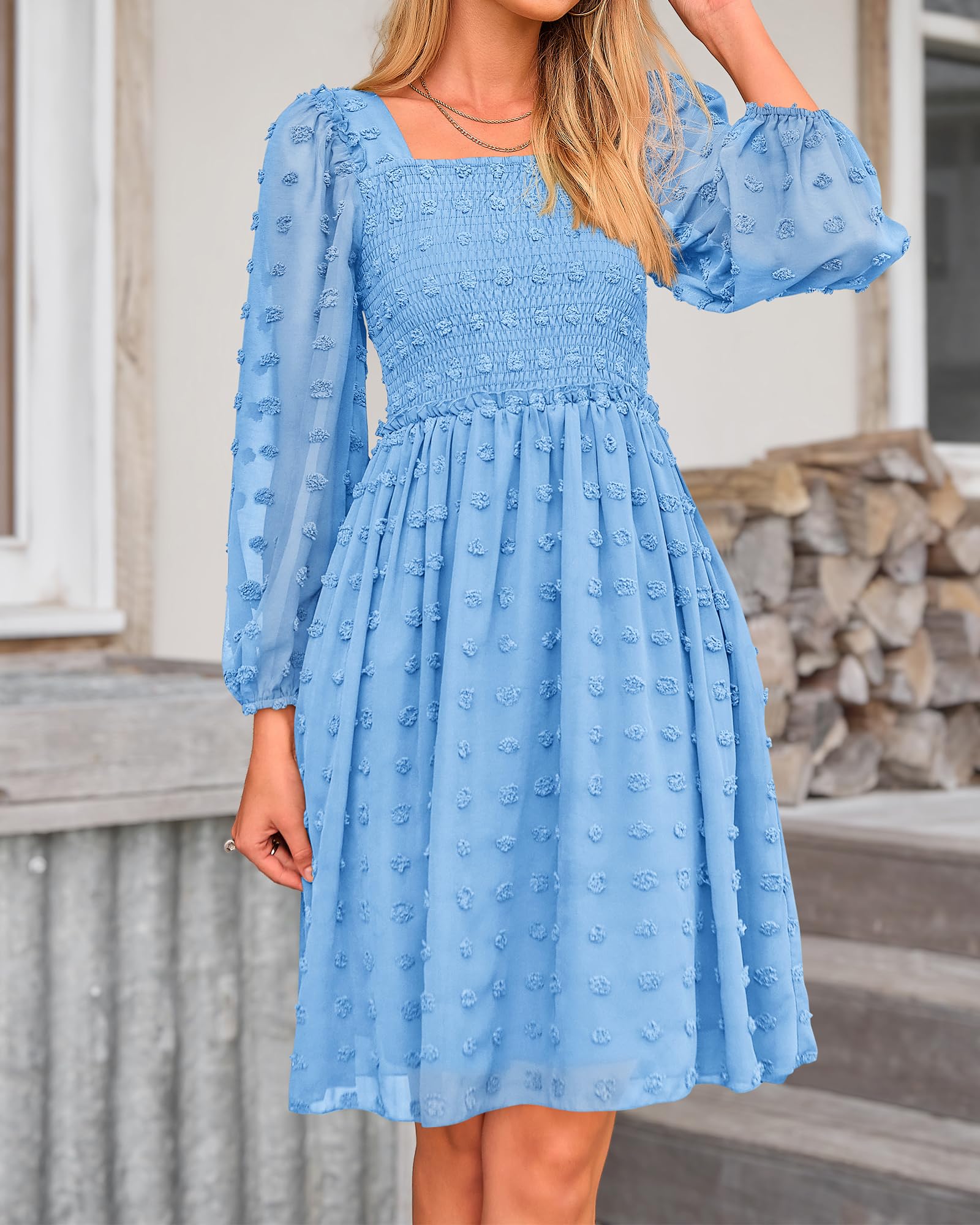 BTFBM Women's Square Neck Smocked Floral Swiss Dot Mini Dress - Long Sleeve Boho Wedding Guest Dress for Spring Summer 2025 | Perfect for Garden Parties, Bridal Showers & Casual Events