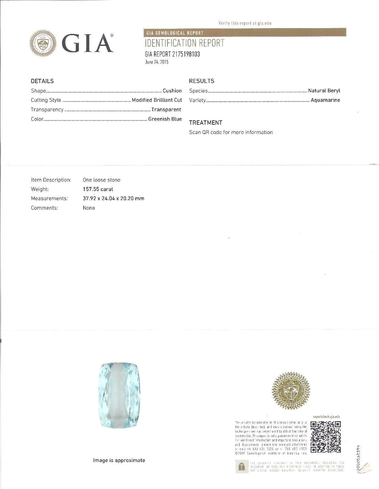 GIA Certified 157.55 Carat Natural Aqua Blue Cushion Cut Aquamarine Gemstone - Stunning Jewelry for Engagement Rings & Luxury Gifts