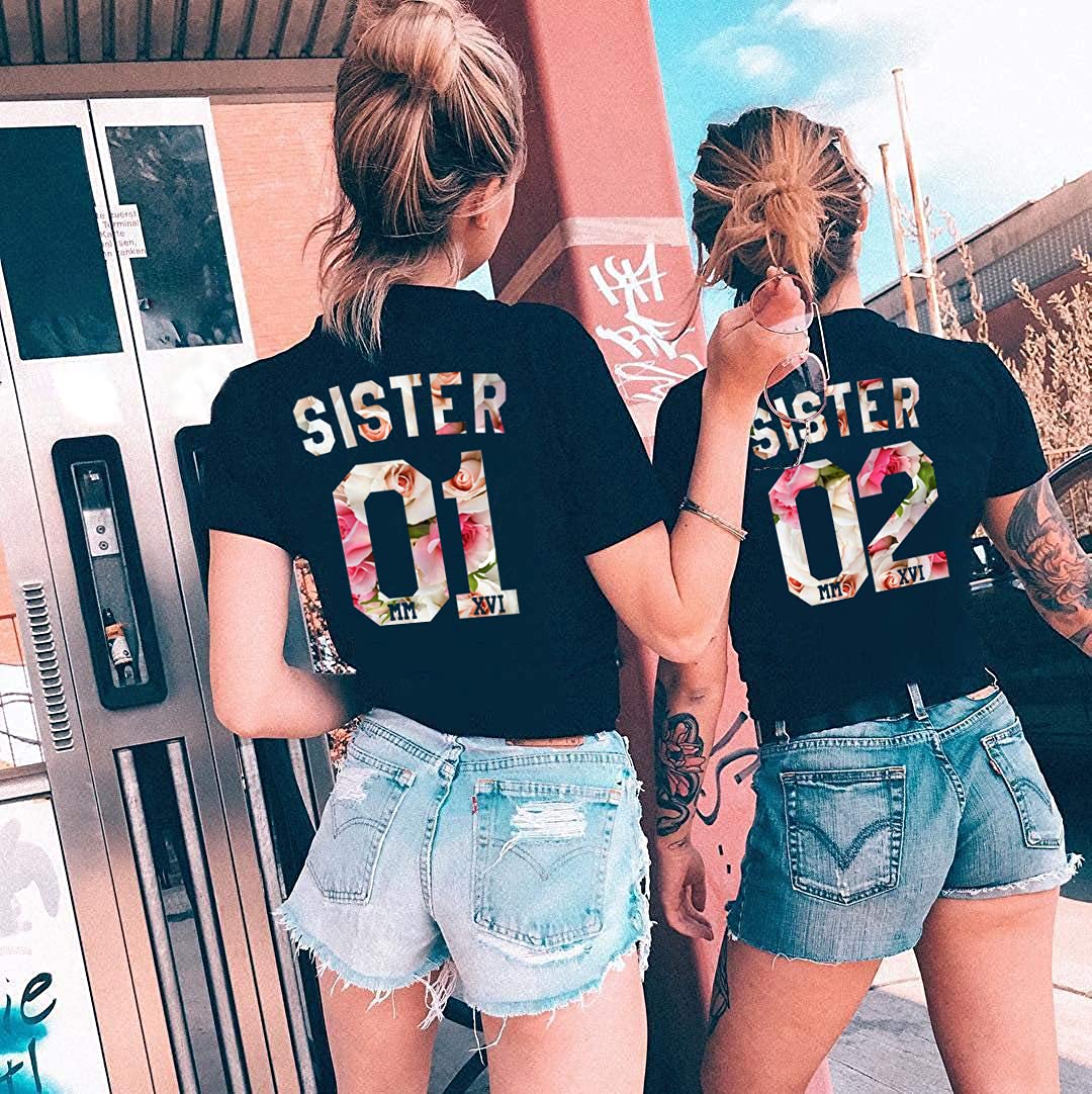 Best Friends Matching T-Shirts for Women - Soul Couple BFF Shirts for Sisters & Teen Girls (Sister 01 & Sister 02) - Cute Friendship Gifts for Birthdays, Parties & Twin Outfits