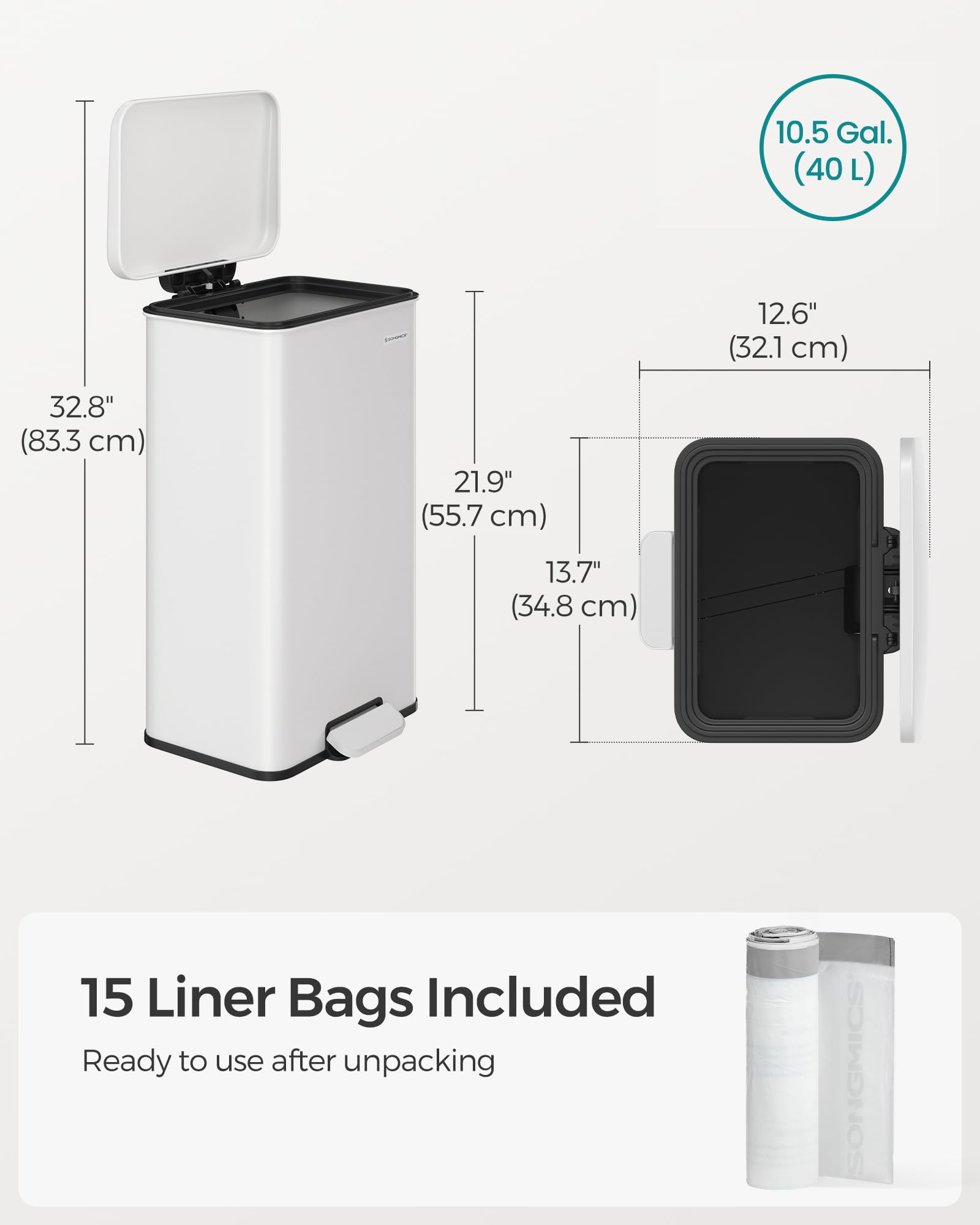 SONGMICS 10.5 Gallon Stainless Steel Step Trash Can with Lid - 40L Large Kitchen Garbage Bin, Soft Close Design, Includes 15 Trash Bags (White) - Perfect for Home, Office, and Restaurant Use