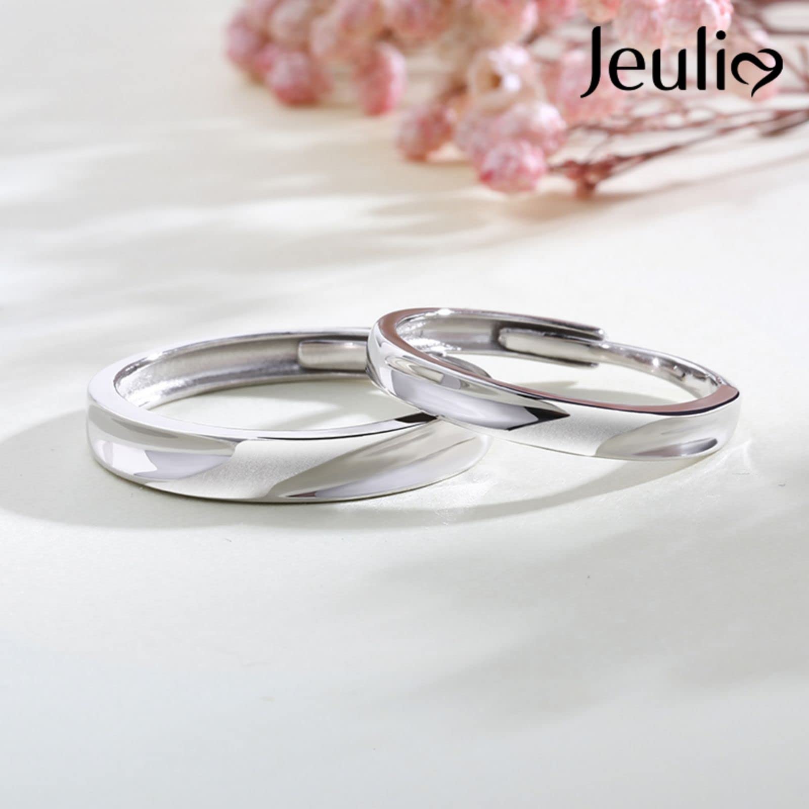 Jeulia Matte Silver Couple Rings - Adjustable Matching Set for Women & Men | Engagement, Wedding, Anniversary Gifts
