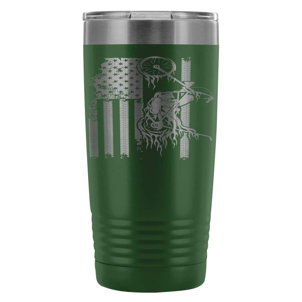 ODDITEES Motorcycle Patriot Tumbler - 20oz Stainless Steel Biker Cup with Laser Etched USA Flag - Green - Perfect for Motorcycle Rides, Road Trips & Outdoor Adventures