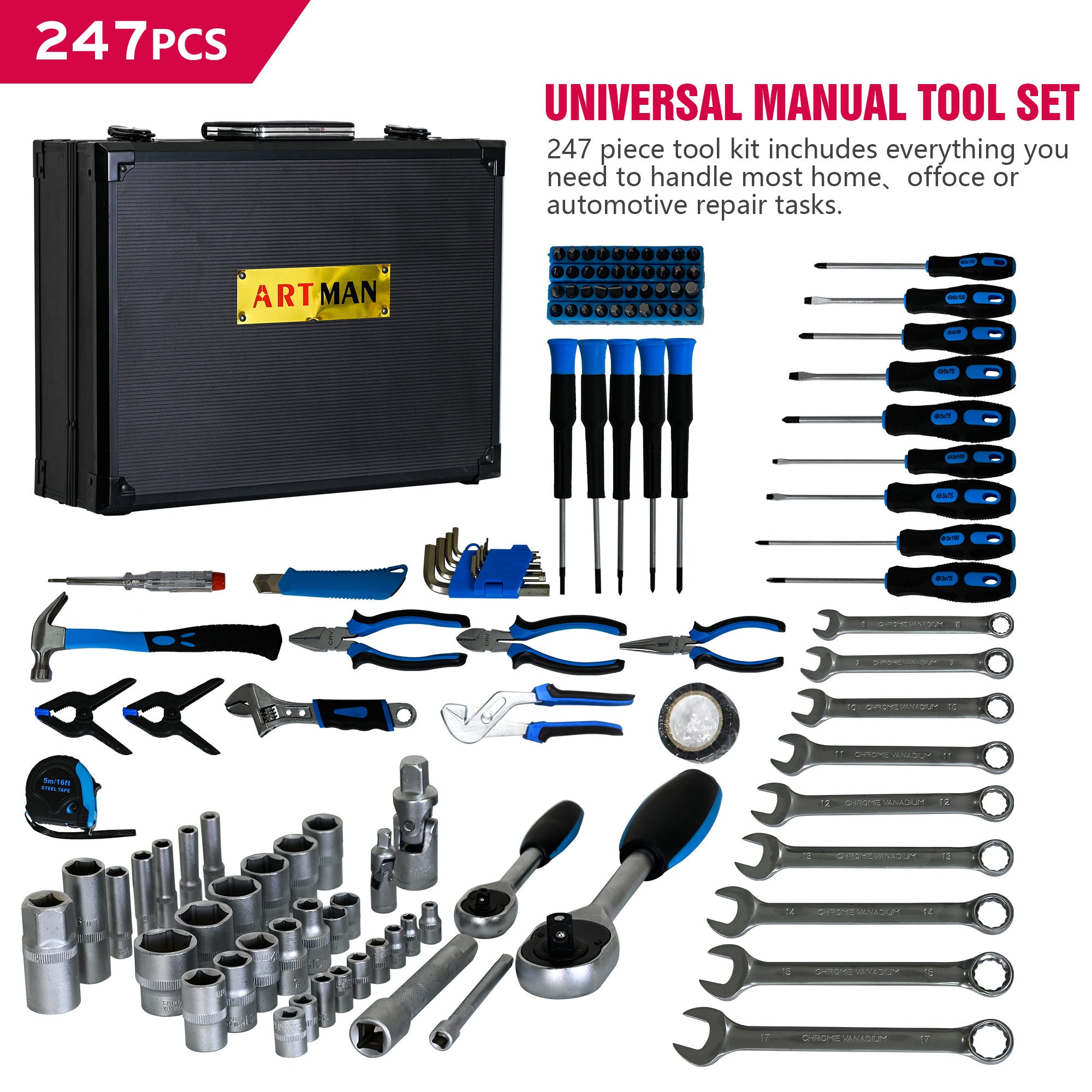 247-Piece Home & Machinery Maintenance Tool Set - Complete Basic Tool Kit for DIY Repairs, Auto Fixes & Household Projects | Portable Suitcase Case for Easy Storage & Transport