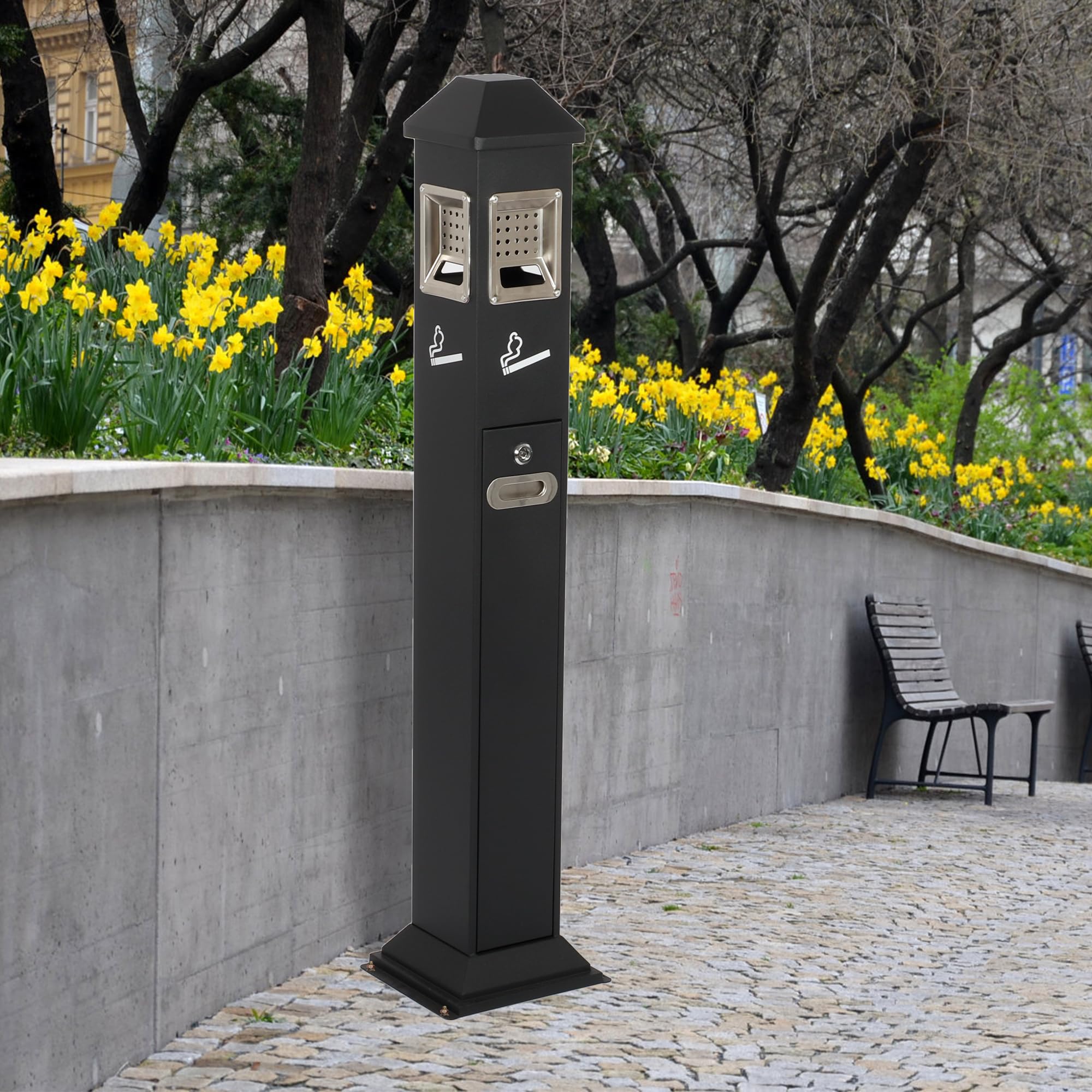 Heavy Duty Metal Ash Receptacle - Commercial Outdoor Vertical Trash Can for Patios, Gardens, Hotels, Pubs & Offices - Durable Black Butt Container for Cigarette Disposal & Waste Management