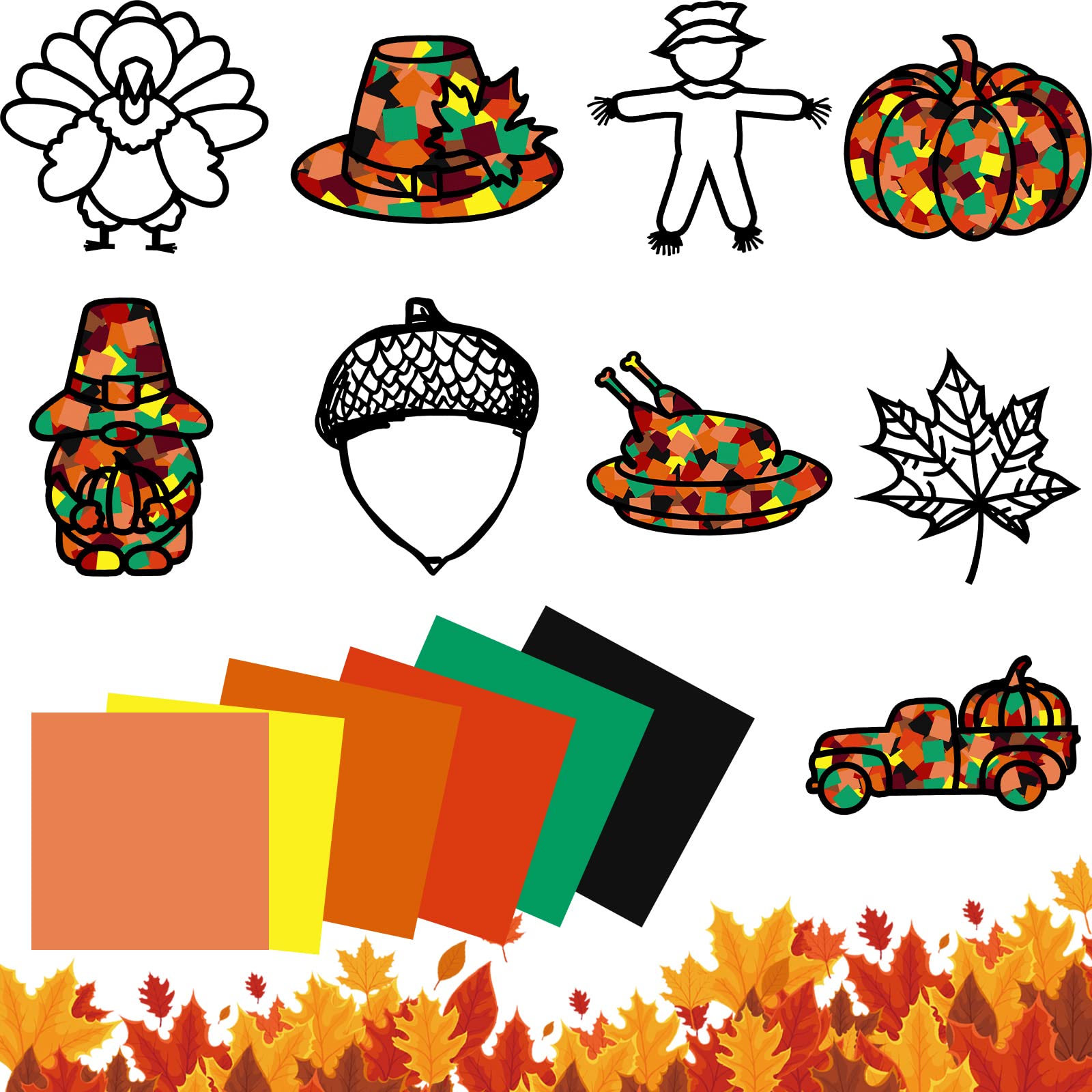Gueevin 18 Sets Thanksgiving Stained Glass Suncatcher Kit - DIY Window Art Crafts with Tissue Paper & Glue Sticks for Kids, Classroom Decor, Holiday Home Decoration | Perfect for Thanksgiving Activities, Children's Art Projects & Seasonal Window Displays