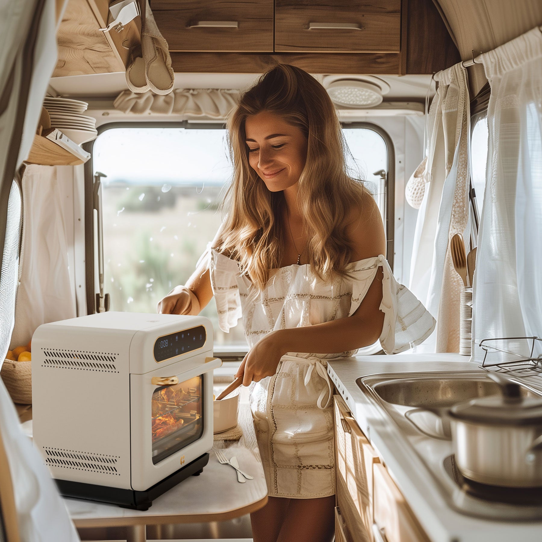 Ciarra Nosh 8-in-1 Multi-Function Steam Oven with Air Fryer, Roast, Bake & Dehydrate | Compact Countertop Convection Oven in Elegant Ivory Mist | Perfect for Small Kitchens, Dorms & Healthy Cooking
