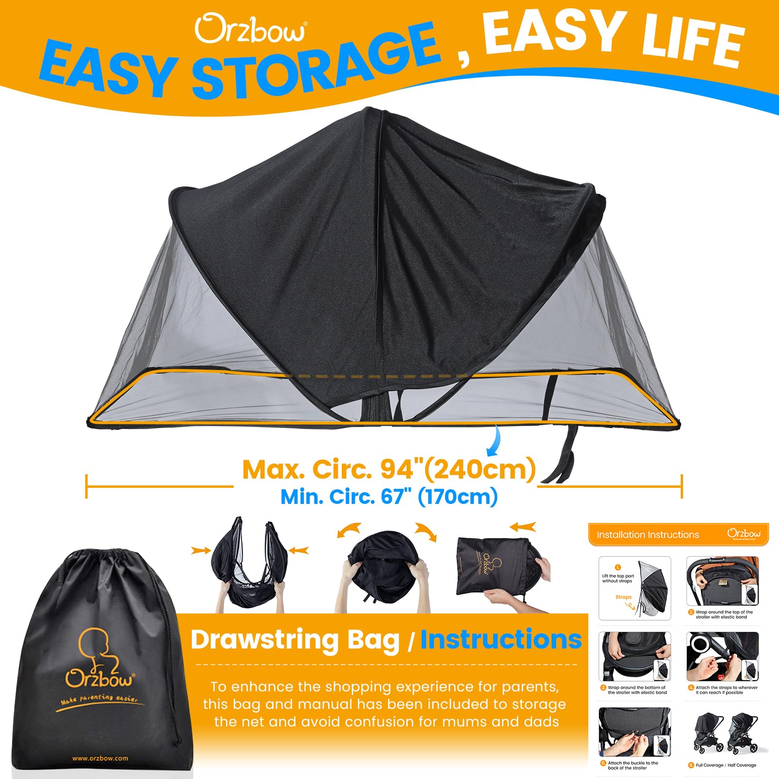 Orzbow 2-in-1 Baby Stroller Mosquito Net with UPF50+ Sun Protection - Breathable Infant Carrier Cover with Two-Way Zipper & Storage Bag - Fits Bassinet, Carrycot & Car Seat - Black - Perfect for Outdoor Walks, Park Visits & Travel