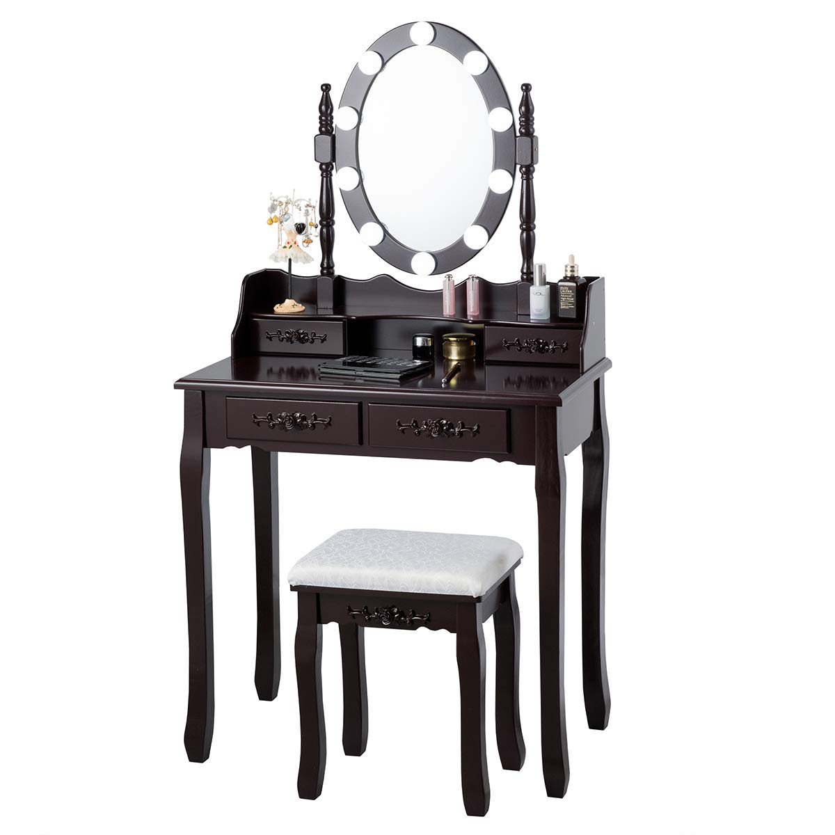 Giantex LED Makeup Vanity Table with Adjustable Brightness & 3 Light Modes - 10 LED Lights, Rotatable Mirror, 4 Drawers & Cushioned Stool - Dressing Table for Bedroom, Home Decor & Beauty Salon (Espresso) - Perfect for Makeup Application, Skincare Routine & Hair Styling