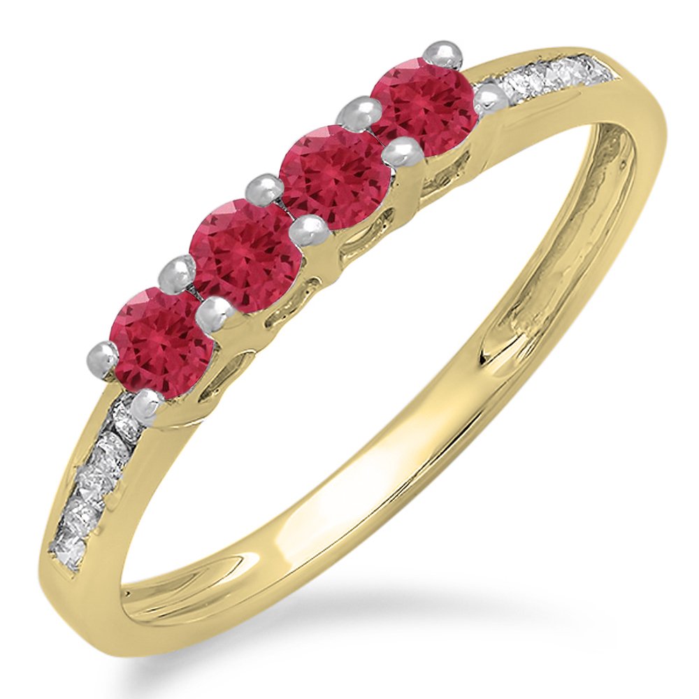 14K Solid Gold Round Ruby & White Diamond Women's Wedding Stackable Band Ring - Elegant Bridal Jewelry for Engagement, Anniversary & Special Occasions
