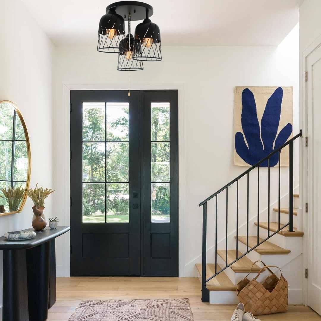 Vintage Industrial Black Ceiling Light Fixture with Pull Chain Switch - Semi Flush Mount Metal Cage Lighting for Living Room, Bedroom, or Kitchen - 3 Light Edison E26 Base - Beuhouz 8086