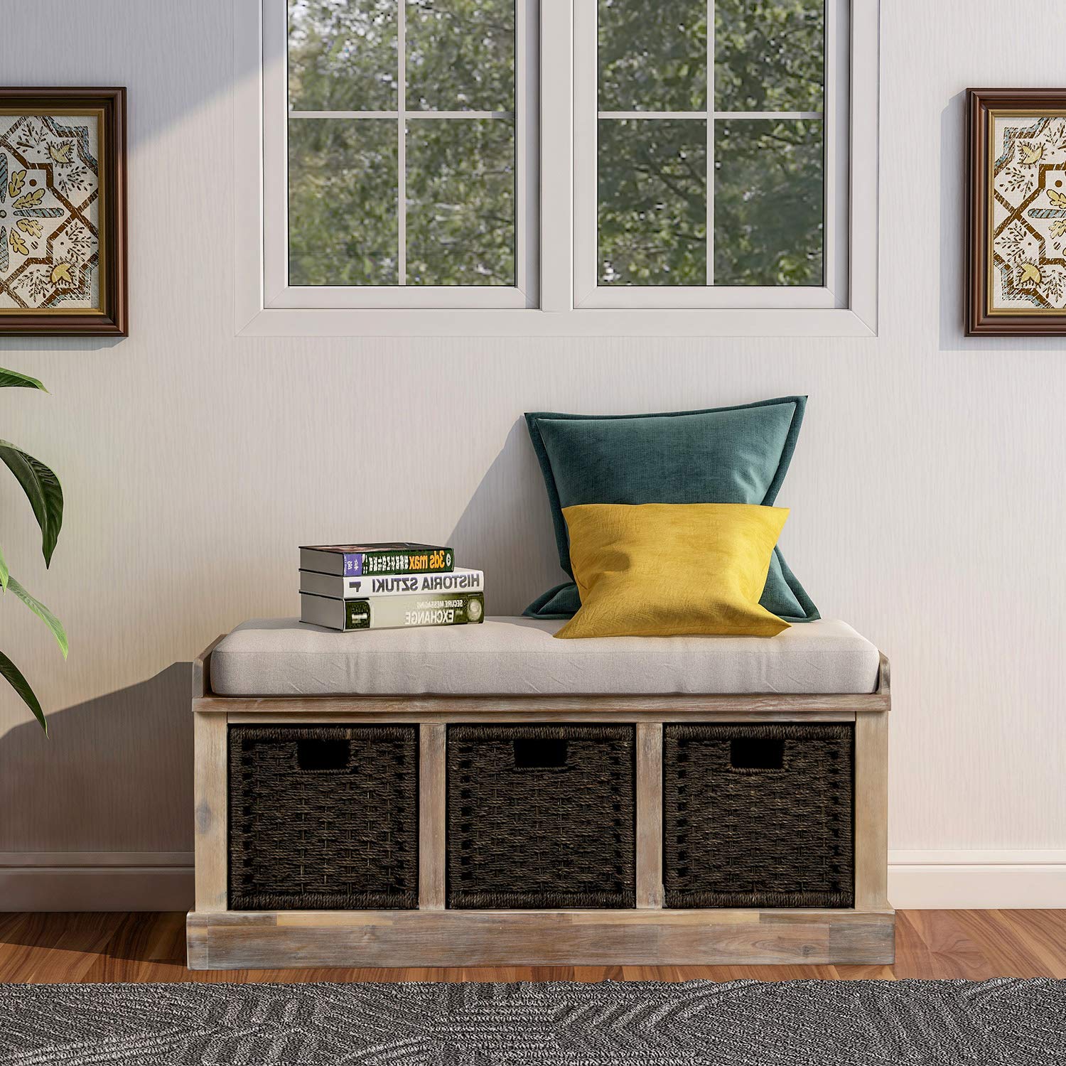 P PURLOVE Rustic Entryway Storage Bench with 3 Removable Baskets & Cushion - Fully Assembled Shoe Bench for Hallway, Living Room & Bedroom Organization | Perfect for Entry Storage, Shoe Rack & Seating Solution