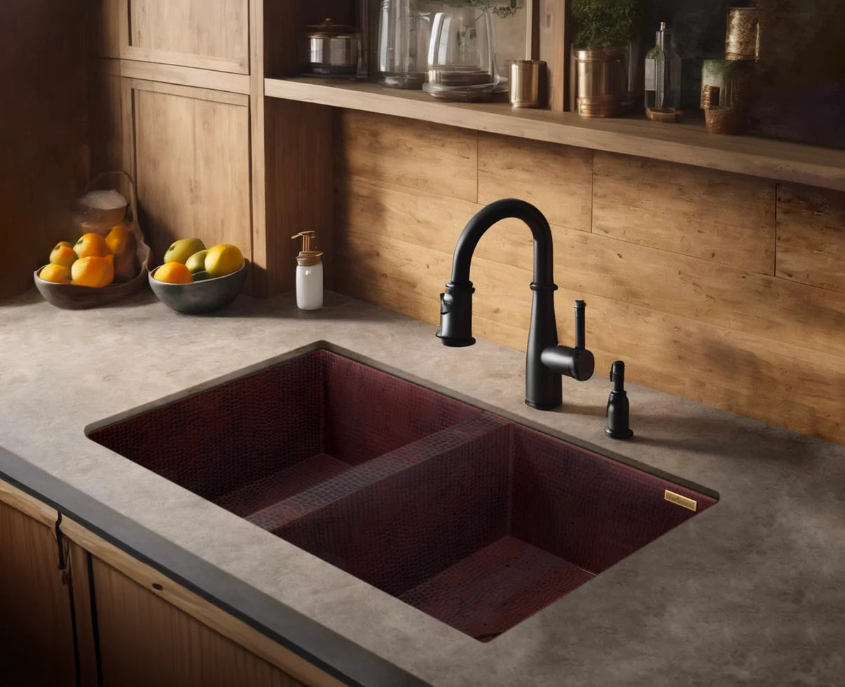 Premium Copper Kitchen Sink 50/50 Split - Double Bowl Farmhouse Apron Front Design - Perfect for Modern Farmhouse, Rustic & Vintage Style Kitchens
