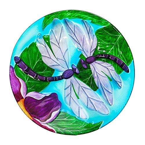 Evergreen Garden Dragonfly Duo Solar Glass Bird Bath - 18 x 2 x 18 Inches, 64oz Capacity | Outdoor Garden Decor for Patio, Lawn & Backyard | Solar-Powered Bird Feeder & Water Dish for Wild Birds | Perfect for Bird Watching & Garden Decoration