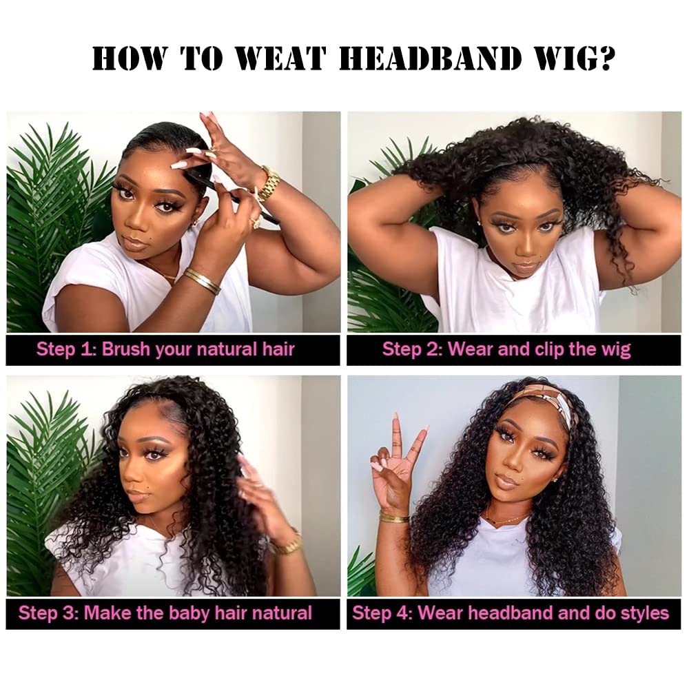 22 Inch Brazilian Curly Headband Wig - 100% Human Hair Deep Wave Glueless Wig with No Lace Front in Natural Colors | Perfect for Daily Wear, Parties & Cosplay