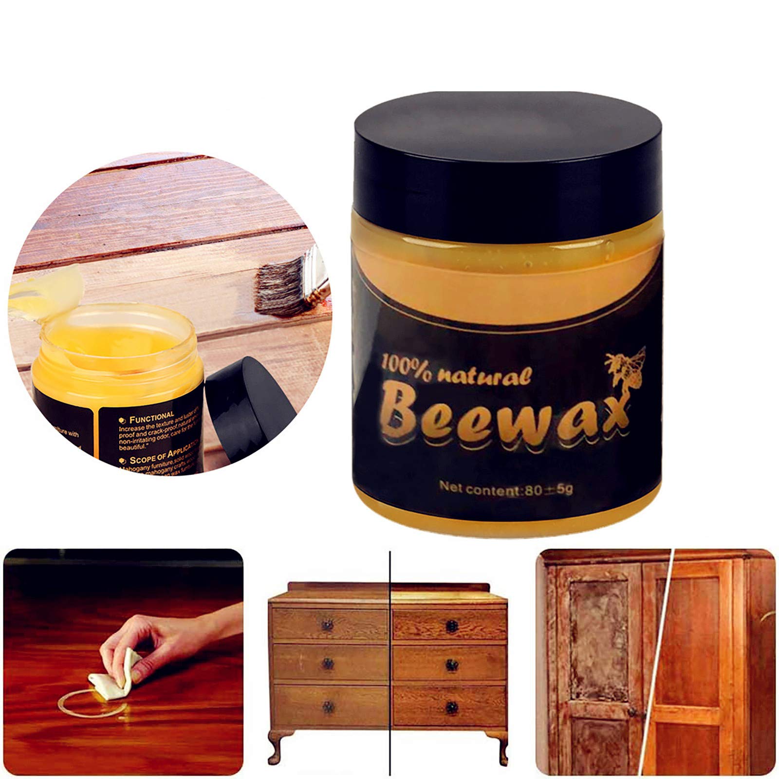 Premium Beeswax Wood Polish for Furniture - 80g Natural Wood Conditioner & Protector for Tables, Chairs, Doors - Waterproof, Restores Shine - Ideal for Home Care & Wood Maintenance