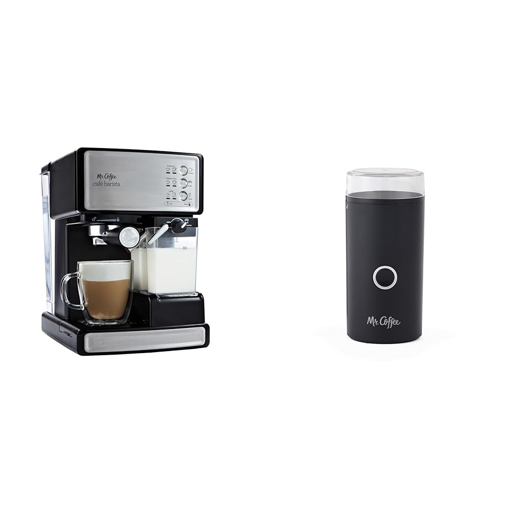 Mr. Coffee Espresso and Cappuccino Machine with 15-Bar Pump - Programmable Coffee Maker with Automatic Milk Frother, Stainless Steel (Silver) | Simple Grind 14-Cup Coffee Grinder (Black) - Perfect for Home Baristas, Office Coffee Stations & Entertaining Guests