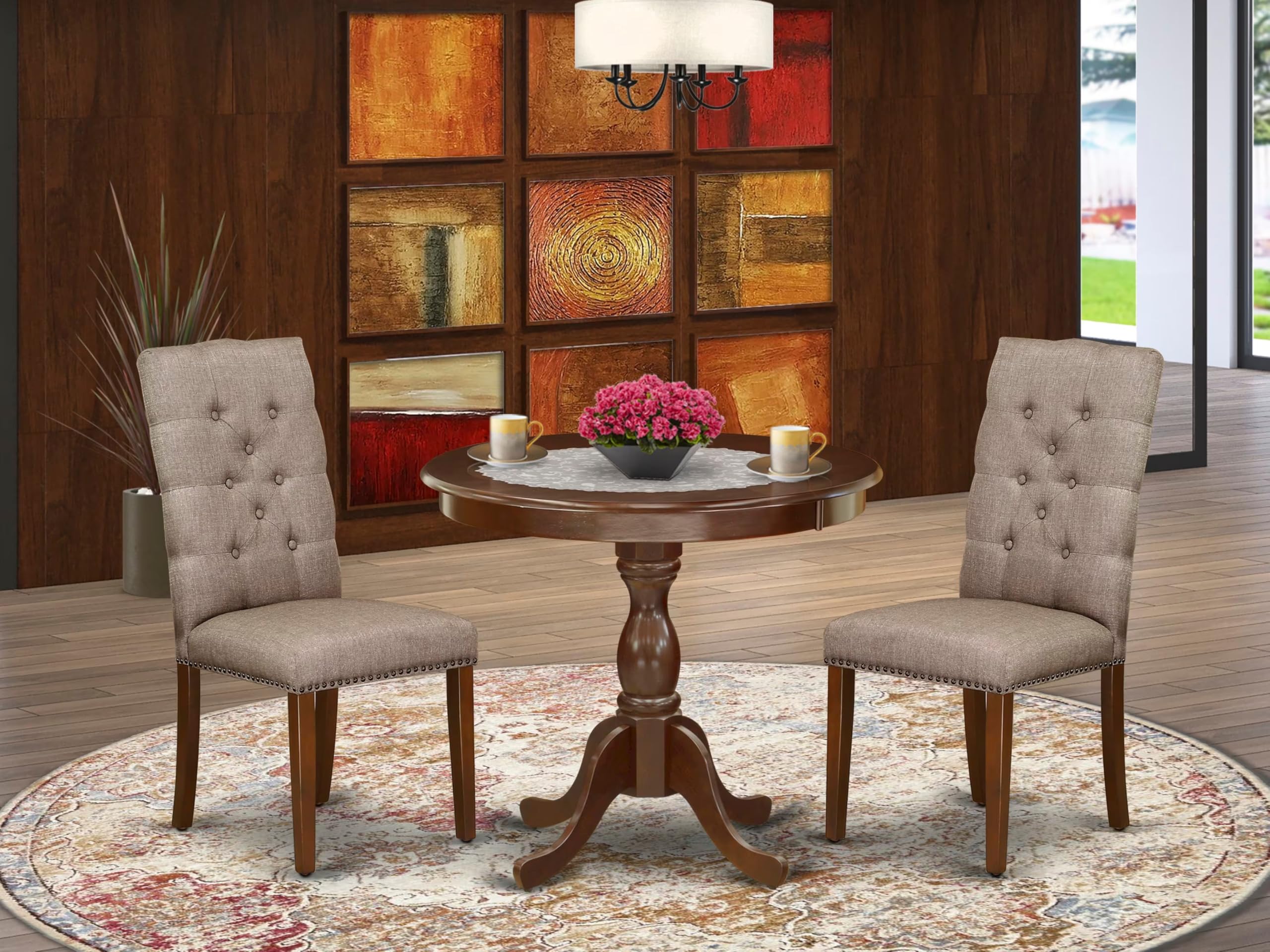 East West Furniture AMEL3-MAH-16 3-Piece Modern Round Dining Table Set with Pedestal Base & 2 Upholstered Chairs - 36x36 Inch, Mahogany Finish - Perfect for Small Kitchens, Breakfast Nooks and Cozy Dining Spaces