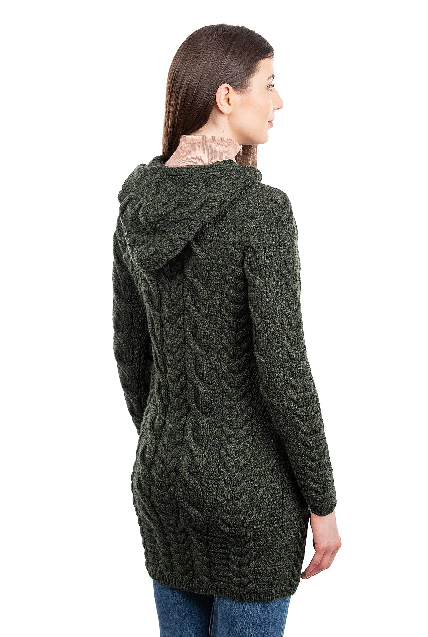 SAOL 100% Merino Wool Aran Cable Knit Hooded Zip Cardigan Irish Coat - Warm Winter Sweater for Women, Cozy Oversized Pullover for Outdoor Hiking & Casual Wear