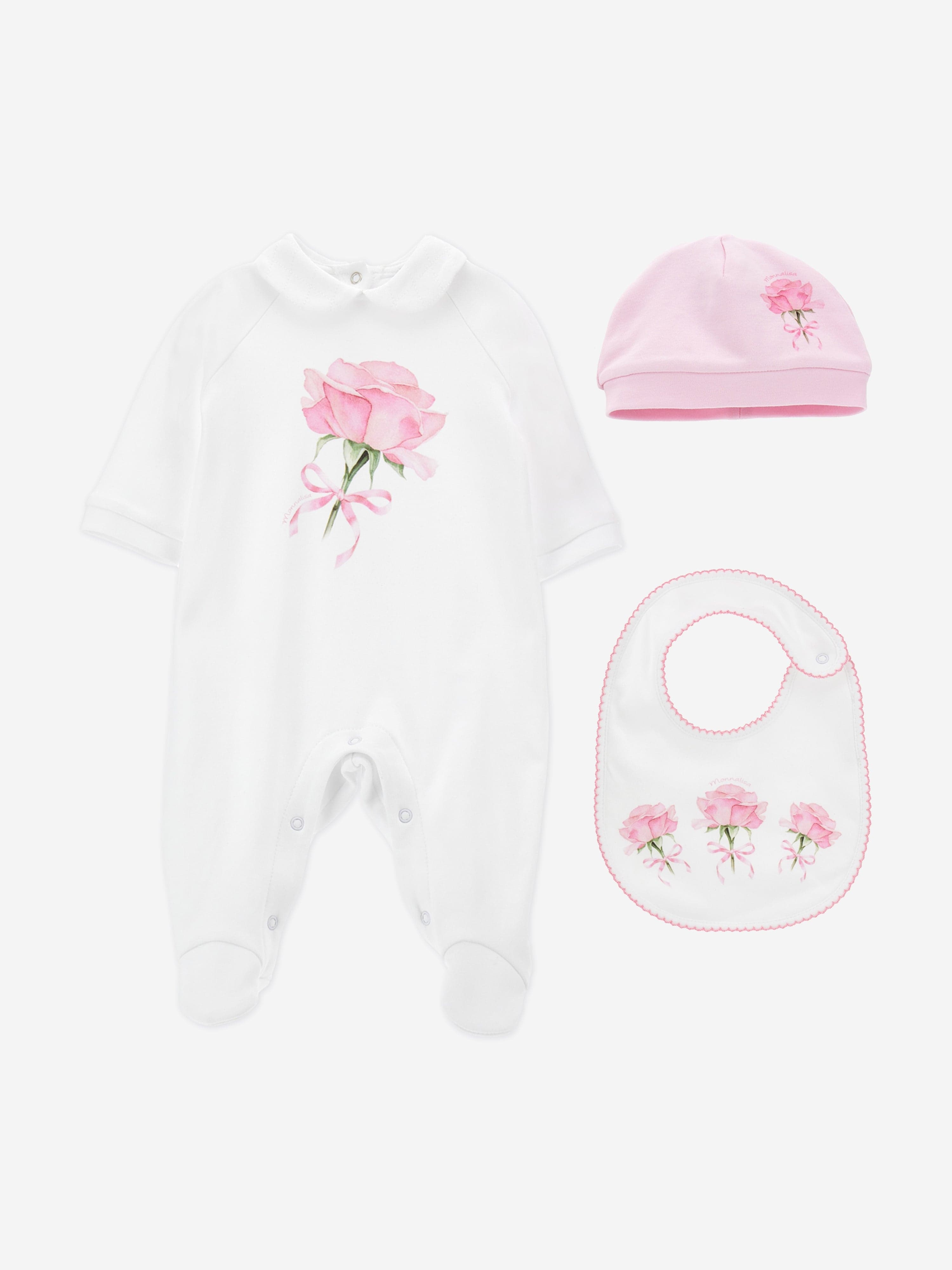 Baby Girls Rose Print Babygrow Set in White - Soft Cotton Romper Outfit for Newborns & Infants - Perfect for Photo Shoots, Playtime & Special Occasions