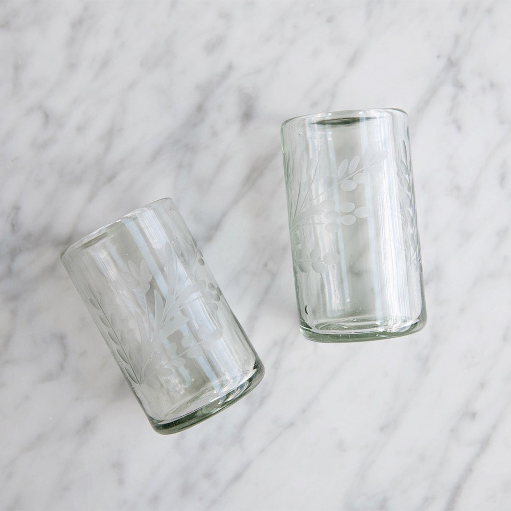 Hand Etched Floral Recycled Glassware Set - Eco-Friendly Drinking Glasses for Wine, Juice & Cocktails - Perfect for Parties, Weddings & Home Decor