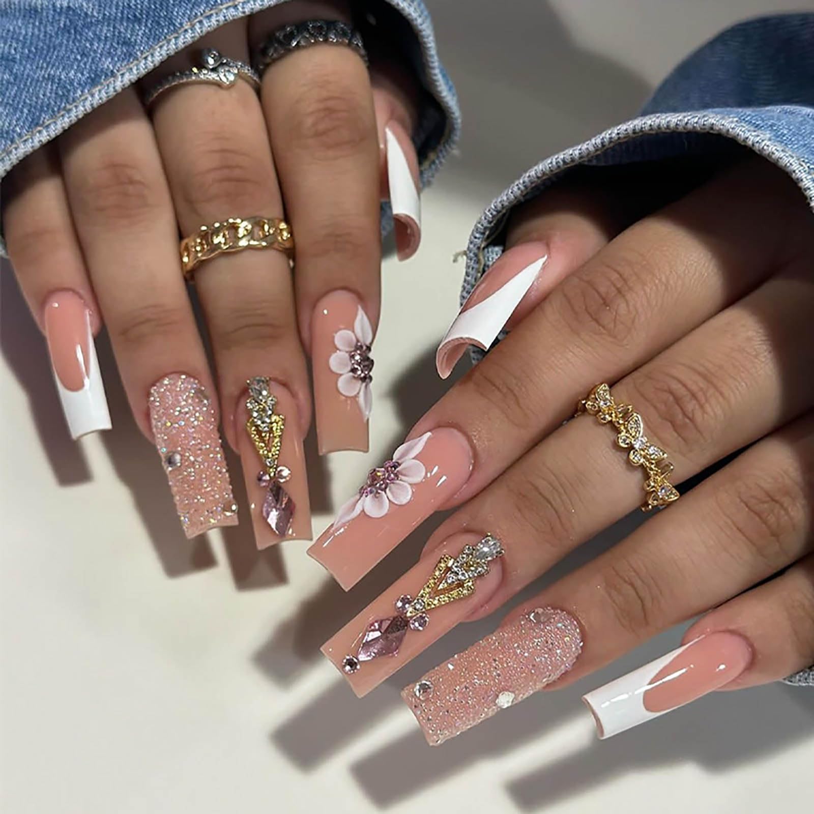 Long Coffin Press On Nails with Glitter & Rhinestones - 24pcs Fake Nails for Mother's Day Gift | Perfect for Parties, Weddings & Special Occasions